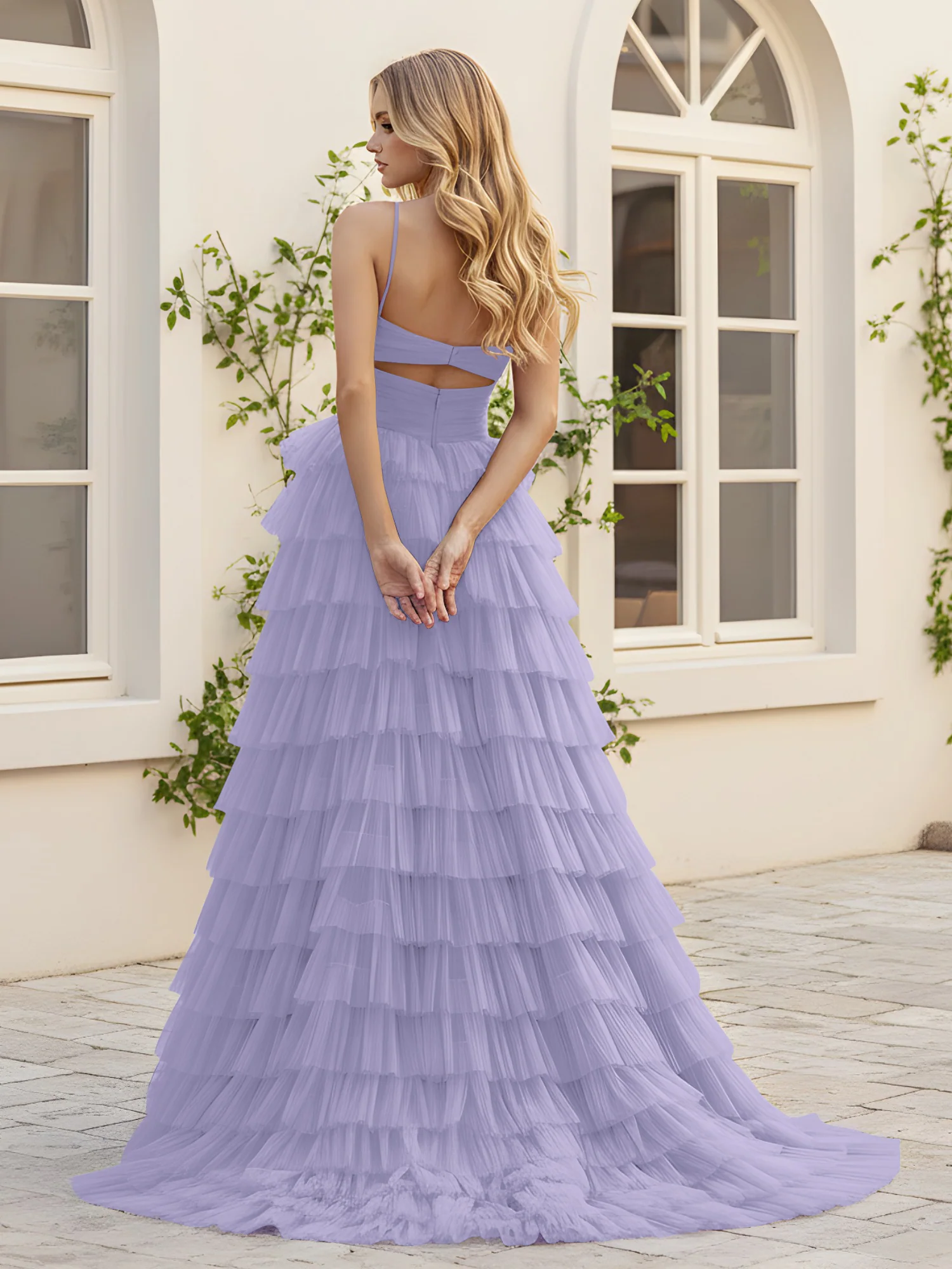 Sweetheart Neck Tiered Sweep Train Dress With Slit Lavender - Image 2