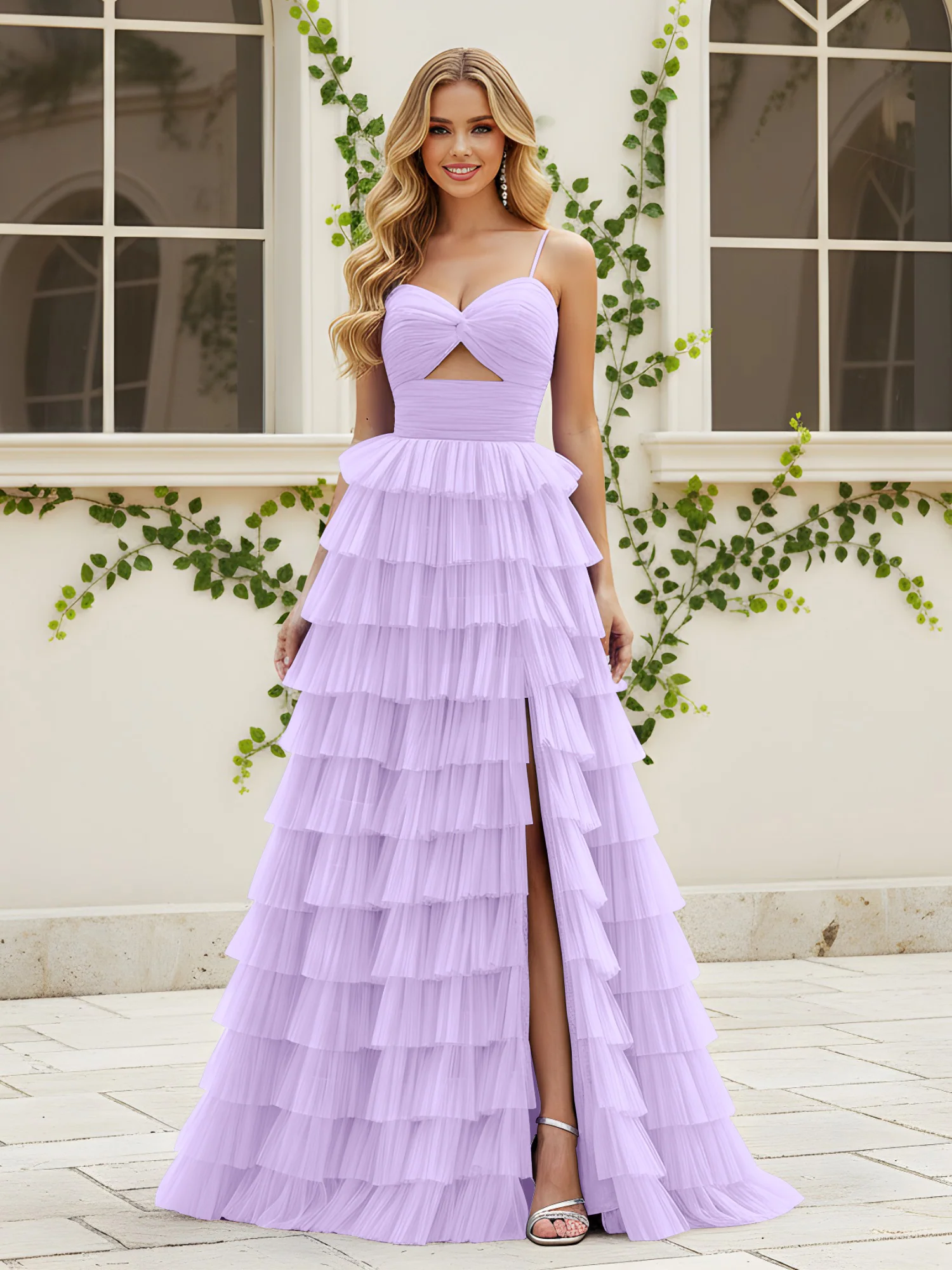 Sweetheart Neck Tiered Sweep Train Dress With Slit Lilac