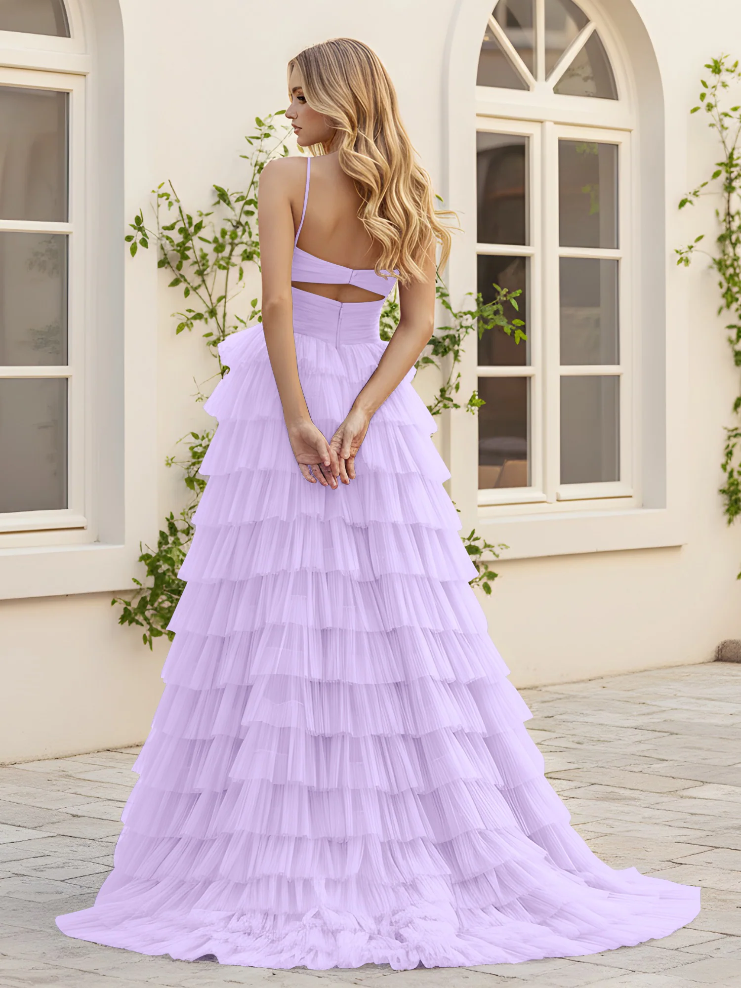 Sweetheart Neck Tiered Sweep Train Dress With Slit Lilac - Image 2