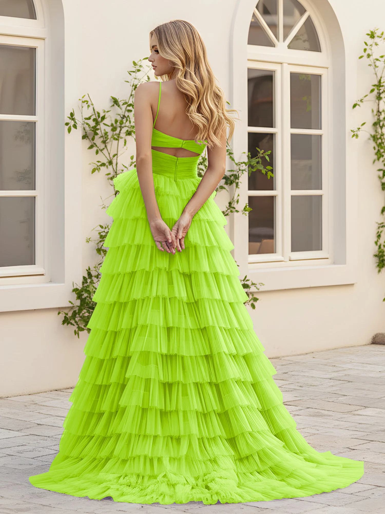 Sweetheart Neck Tiered Sweep Train Dress With Slit Lime Green - Image 2