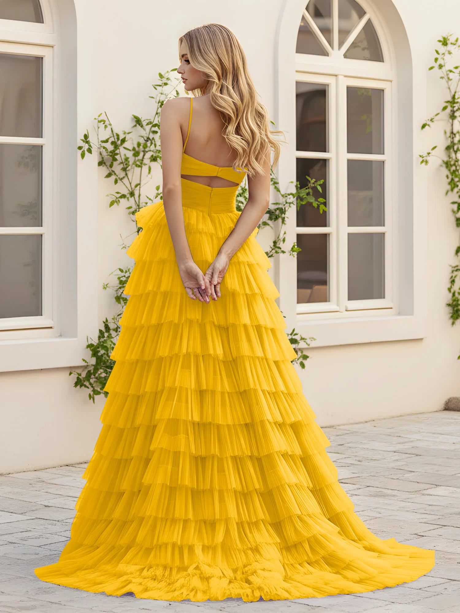 Sweetheart Neck Tiered Sweep Train Dress With Slit Marigold - Image 2
