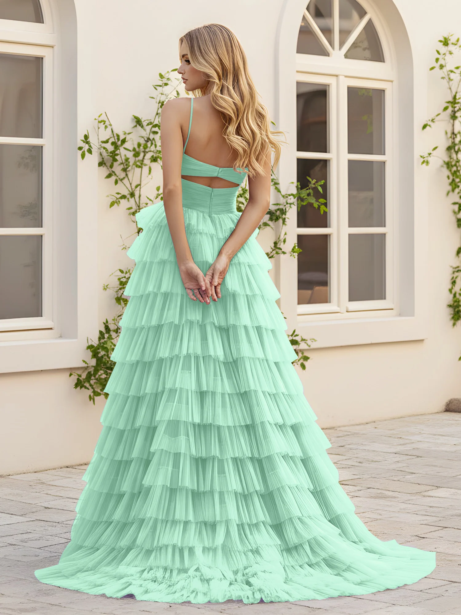 Sweetheart Neck Tiered Sweep Train Dress With Slit Mint Green - Image 2