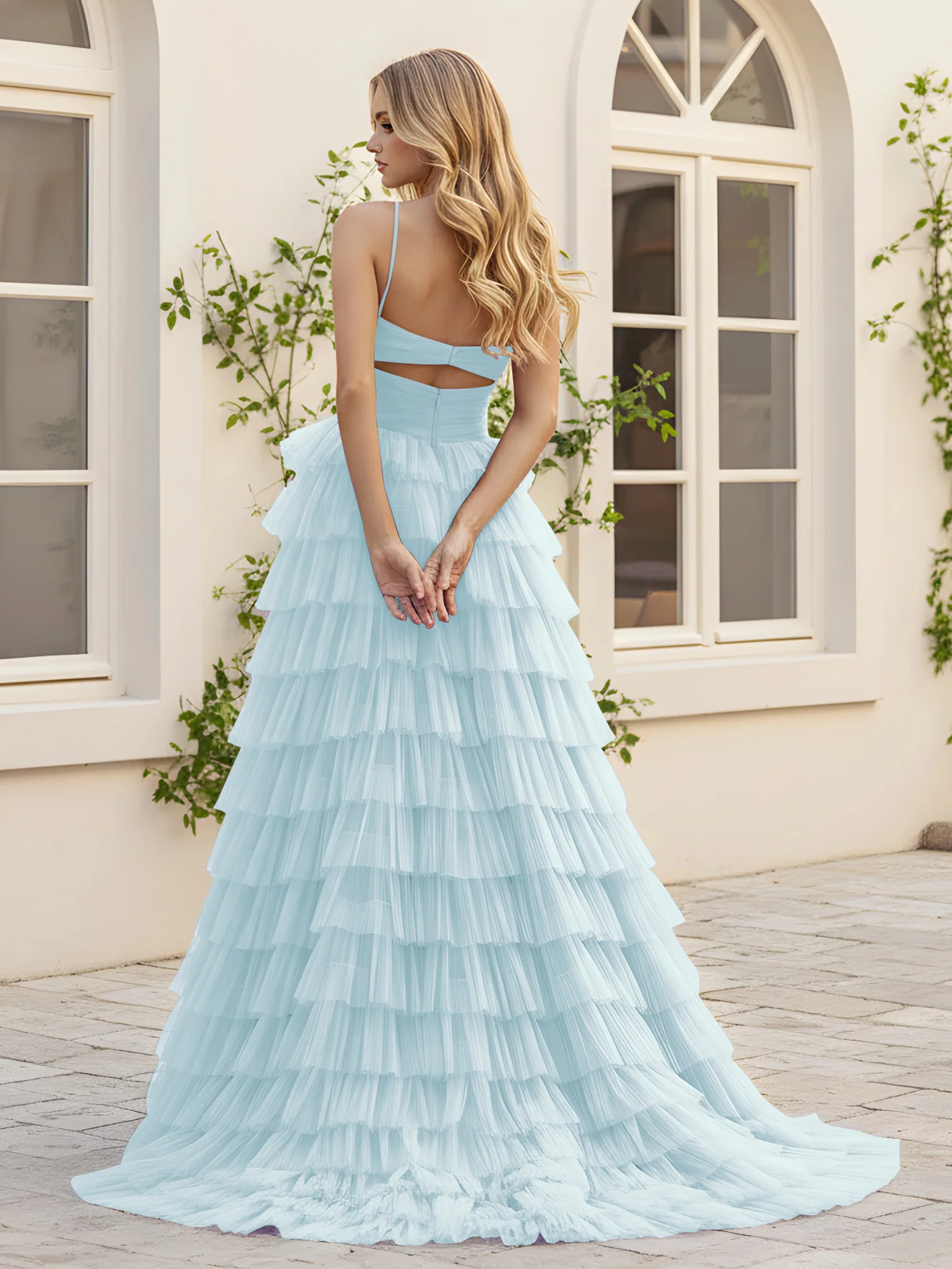 Sweetheart Neck Tiered Sweep Train Dress With Slit Mist - Image 2