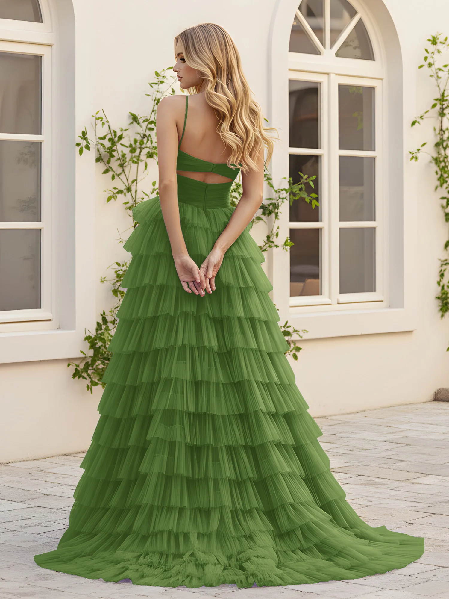 Sweetheart Neck Tiered Sweep Train Dress With Slit Moss - Image 2