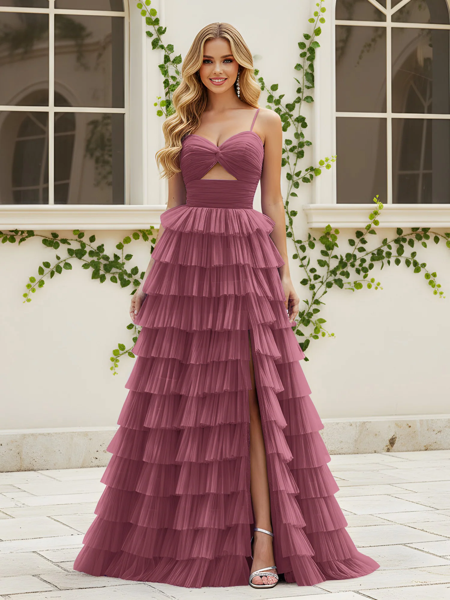 Sweetheart Neck Tiered Sweep Train Dress With Slit Mulberry