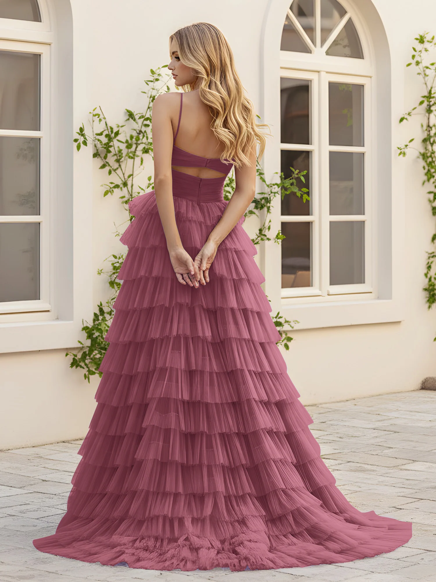 Sweetheart Neck Tiered Sweep Train Dress With Slit Mulberry - Image 2