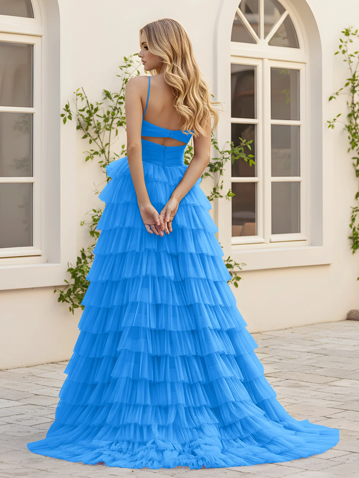 Sweetheart Neck Tiered Sweep Train Dress With Slit Ocean Blue - Image 2