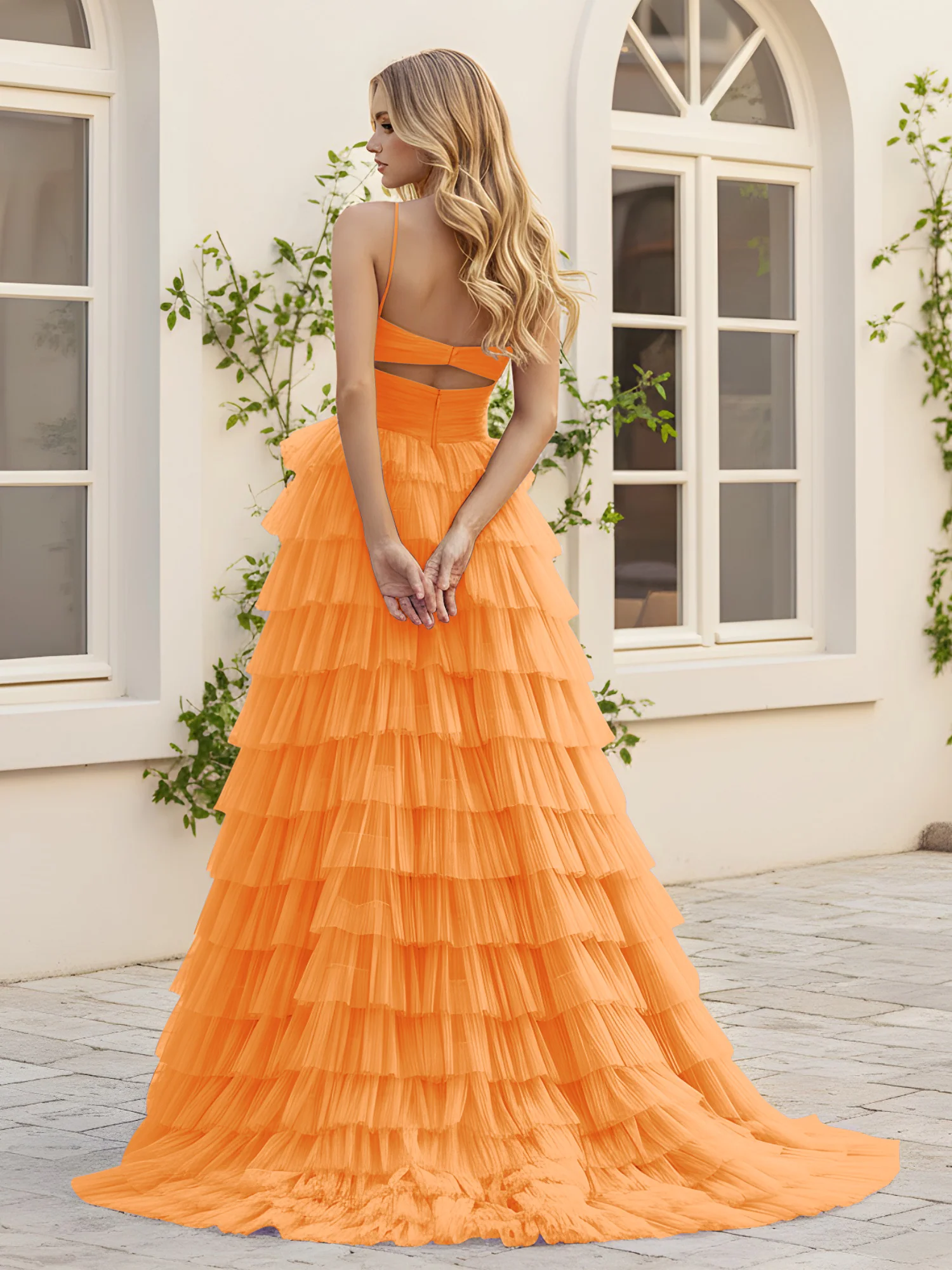 Sweetheart Neck Tiered Sweep Train Dress With Slit Orange - Image 2