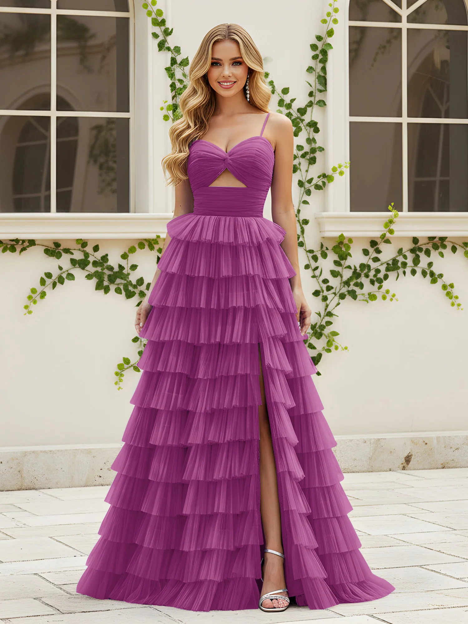 Sweetheart Neck Tiered Sweep Train Dress With Slit Orchid