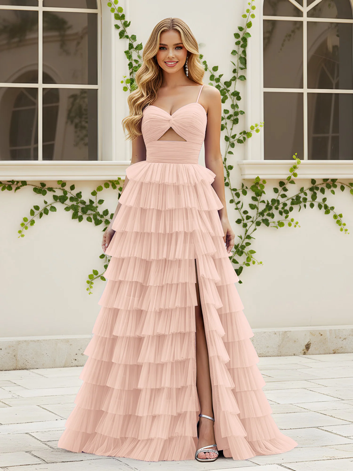 Sweetheart Neck Tiered Sweep Train Dress With Slit Pearl Pink
