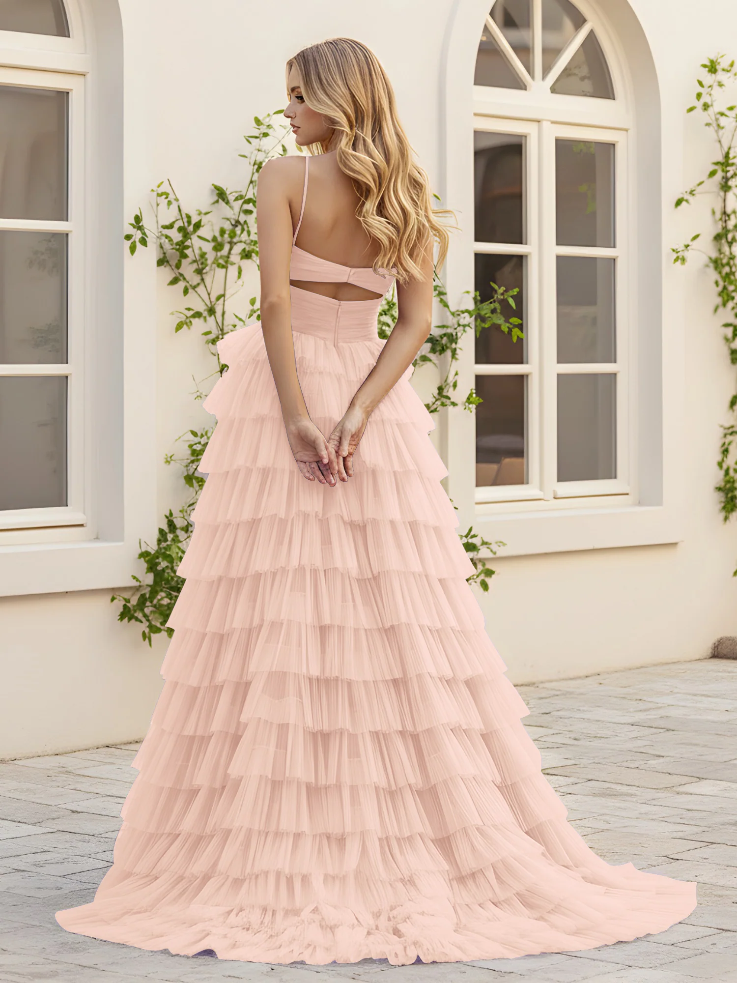 Sweetheart Neck Tiered Sweep Train Dress With Slit Pearl Pink - Image 2
