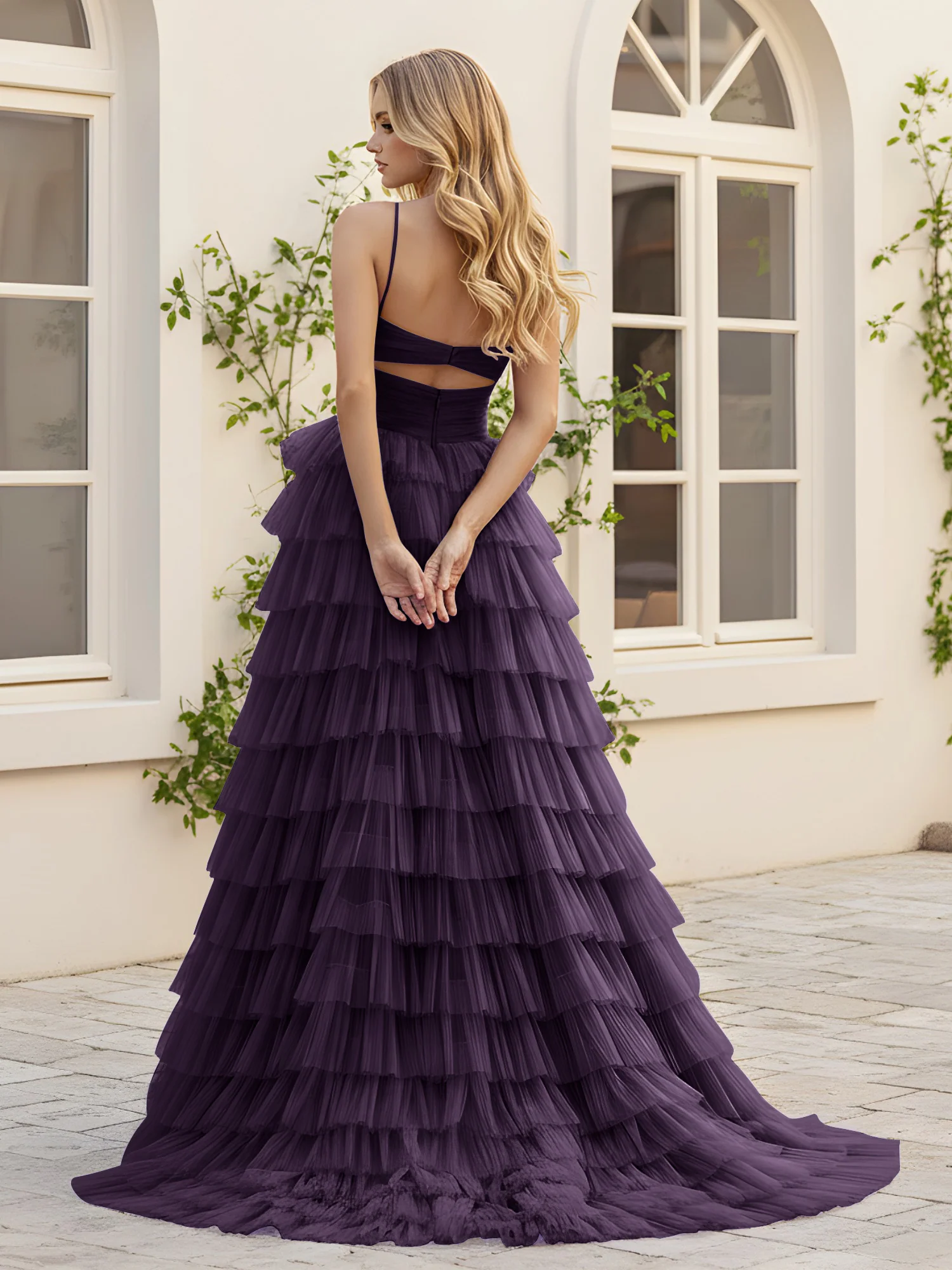 Sweetheart Neck Tiered Sweep Train Dress With Slit Plum - Image 2