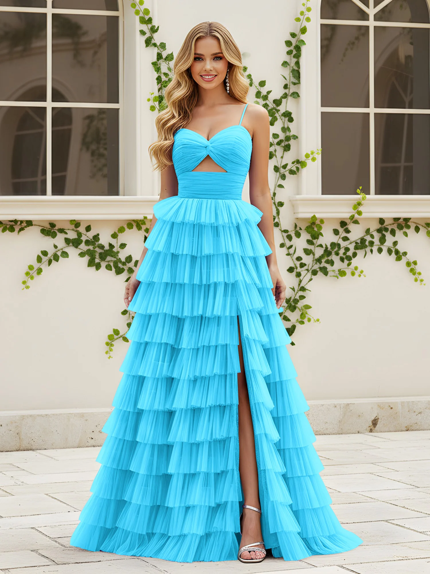 Sweetheart Neck Tiered Sweep Train Dress With Slit Pool