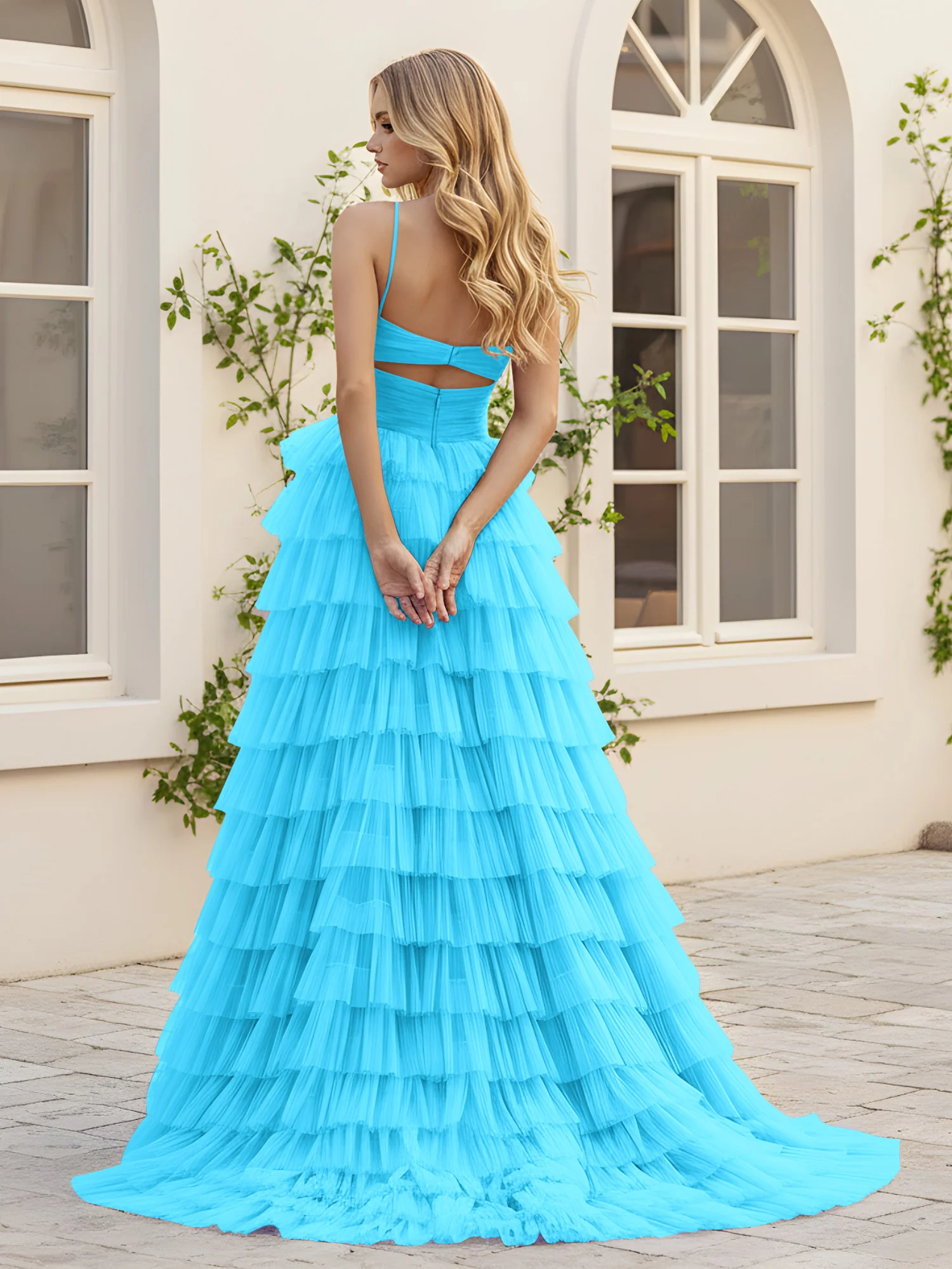 Sweetheart Neck Tiered Sweep Train Dress With Slit Pool - Image 2