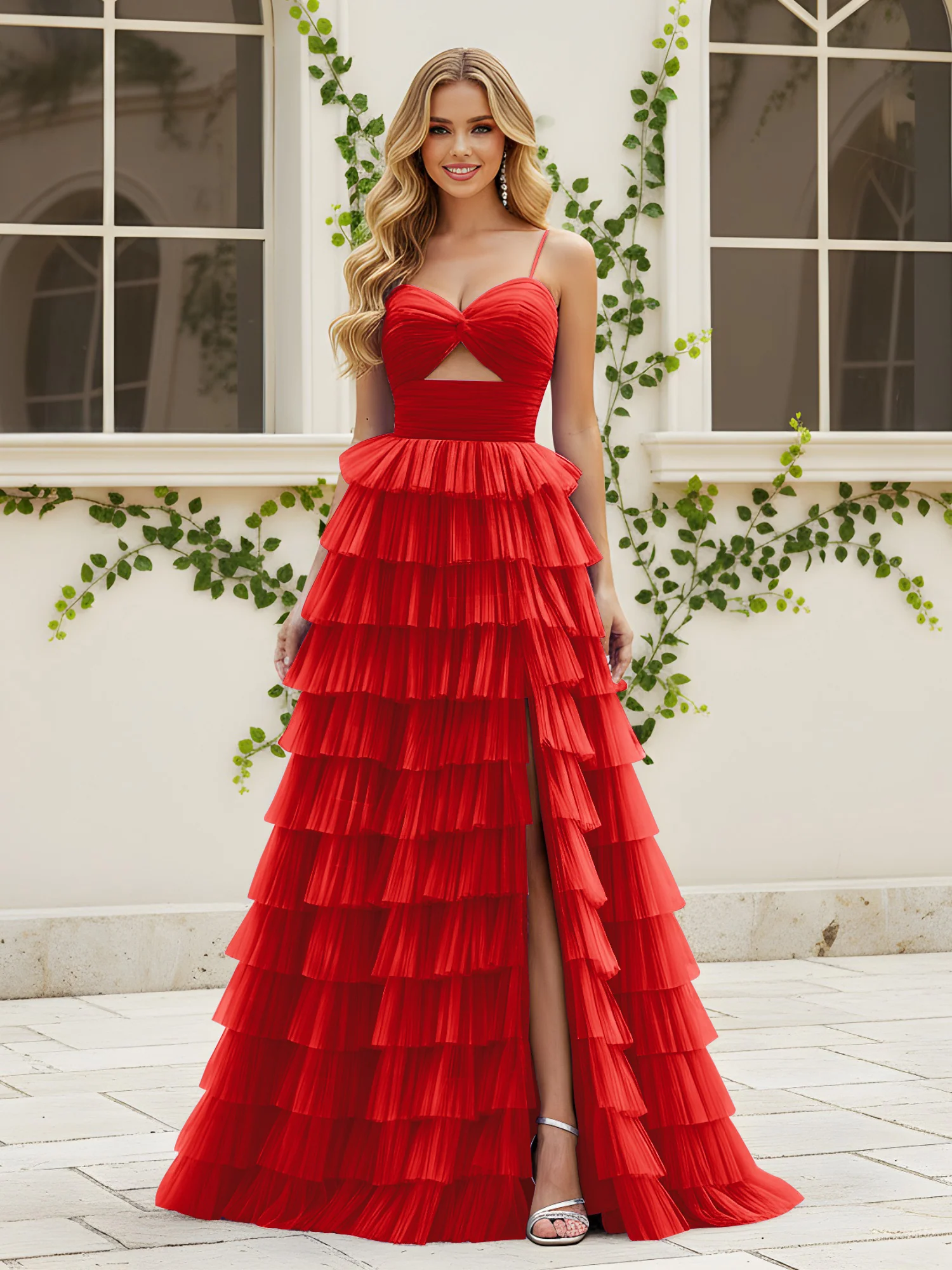 Sweetheart Neck Tiered Sweep Train Dress With Slit Red
