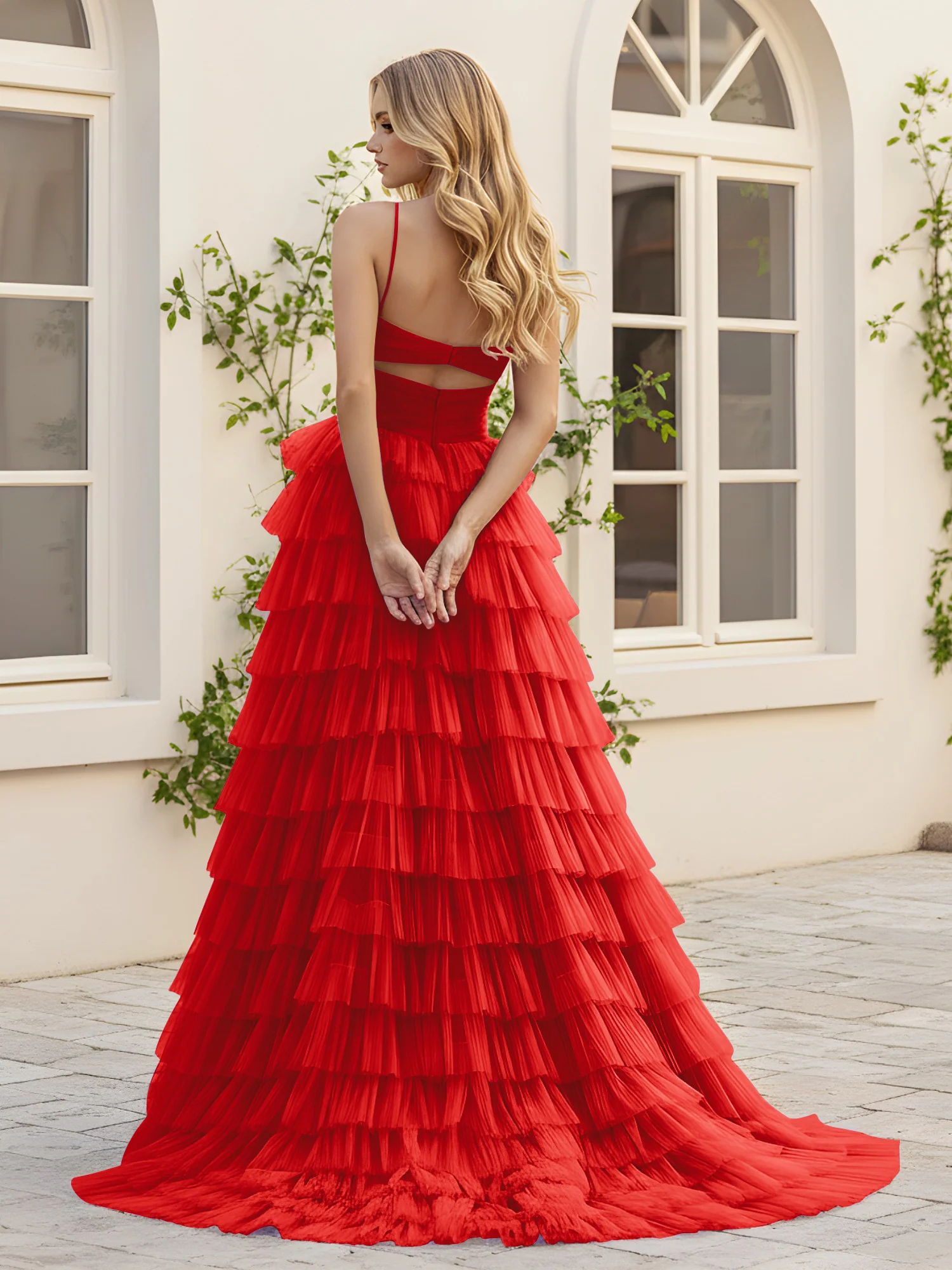 Sweetheart Neck Tiered Sweep Train Dress With Slit Red - Image 2