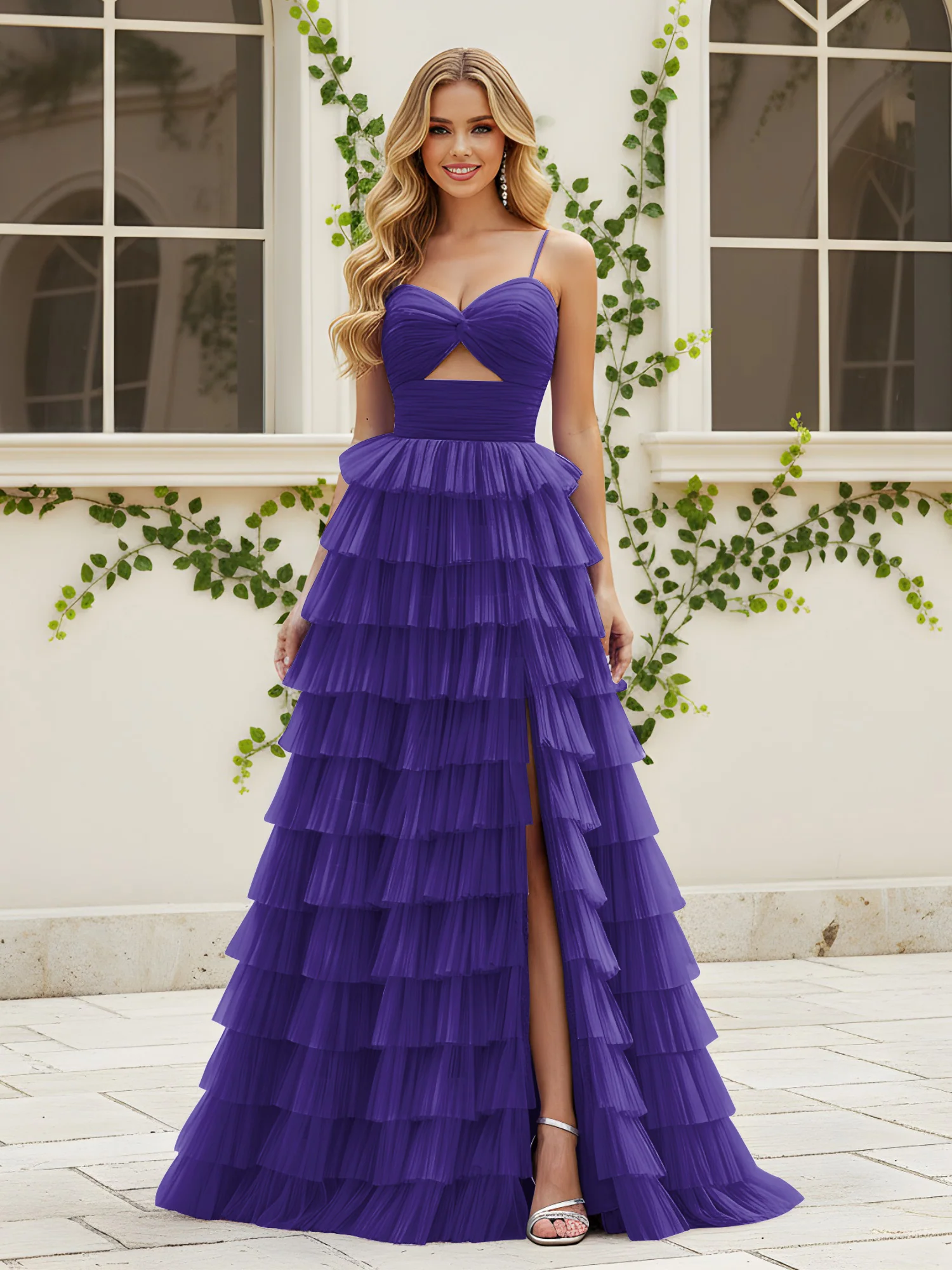 Sweetheart Neck Tiered Sweep Train Dress With Slit Regency