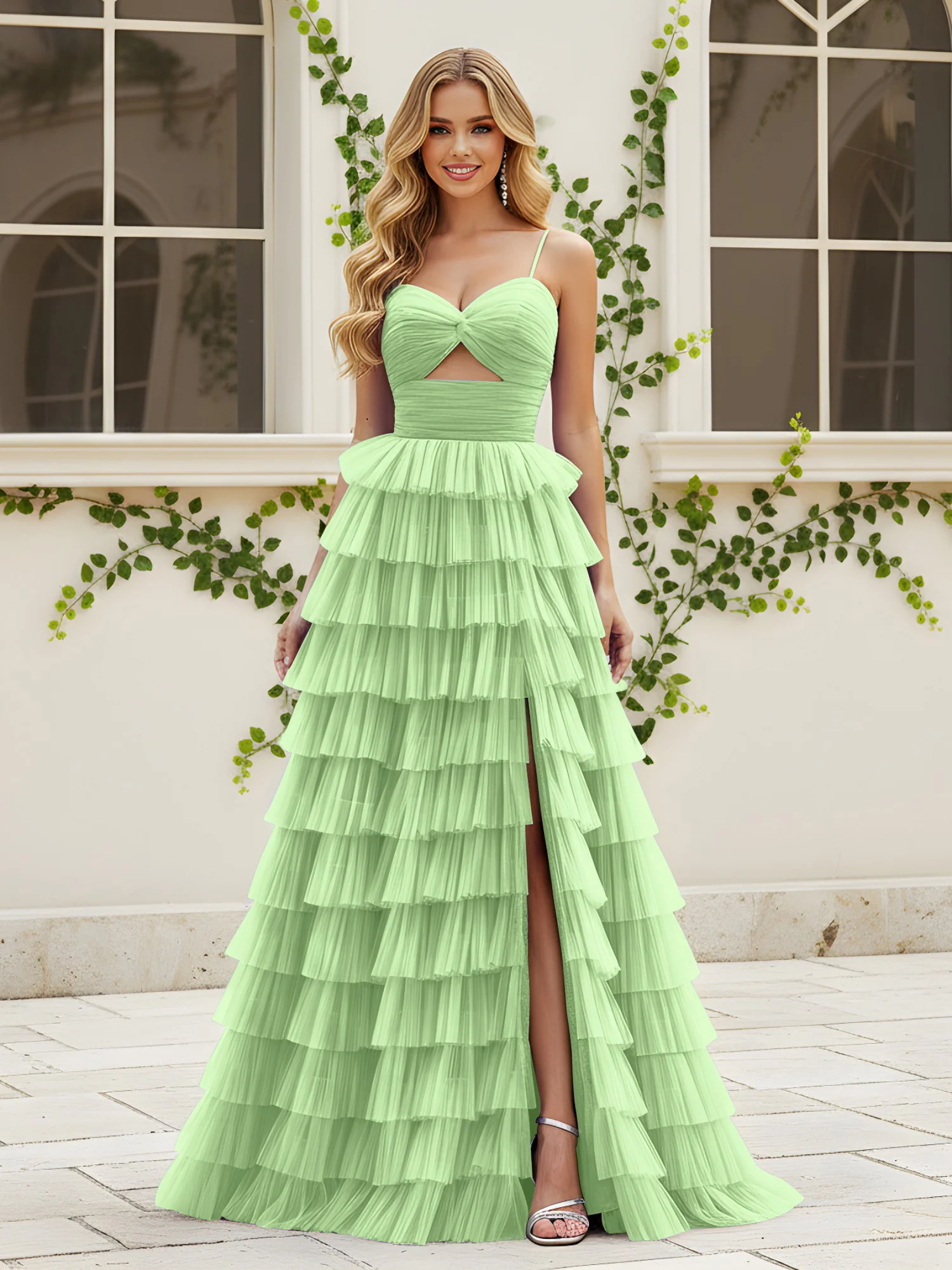 Sweetheart Neck Tiered Sweep Train Dress With Slit Sage