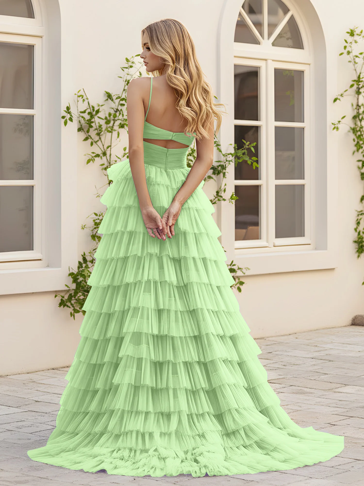 Sweetheart Neck Tiered Sweep Train Dress With Slit Sage - Image 2