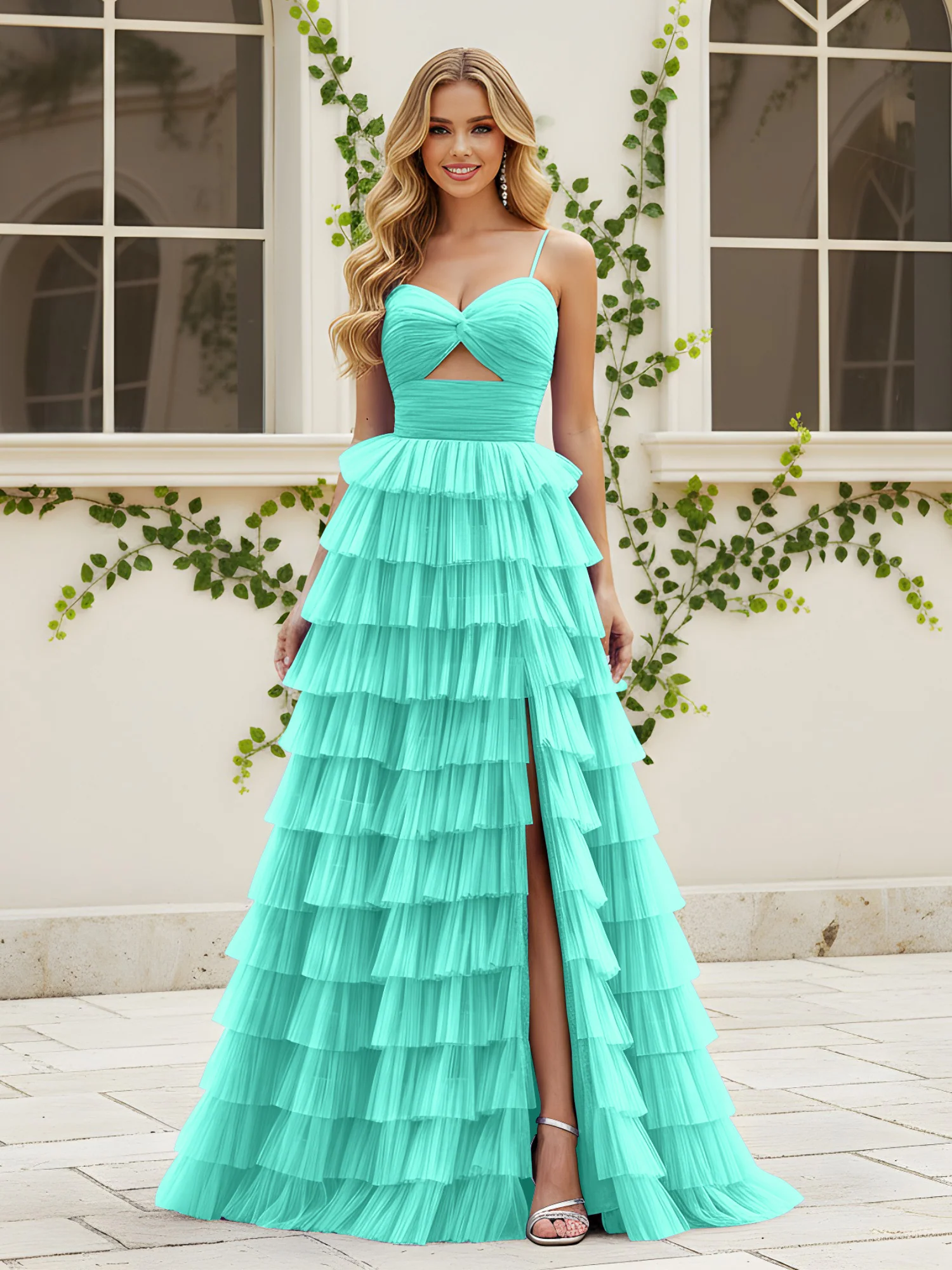 Sweetheart Neck Tiered Sweep Train Dress With Slit Spa
