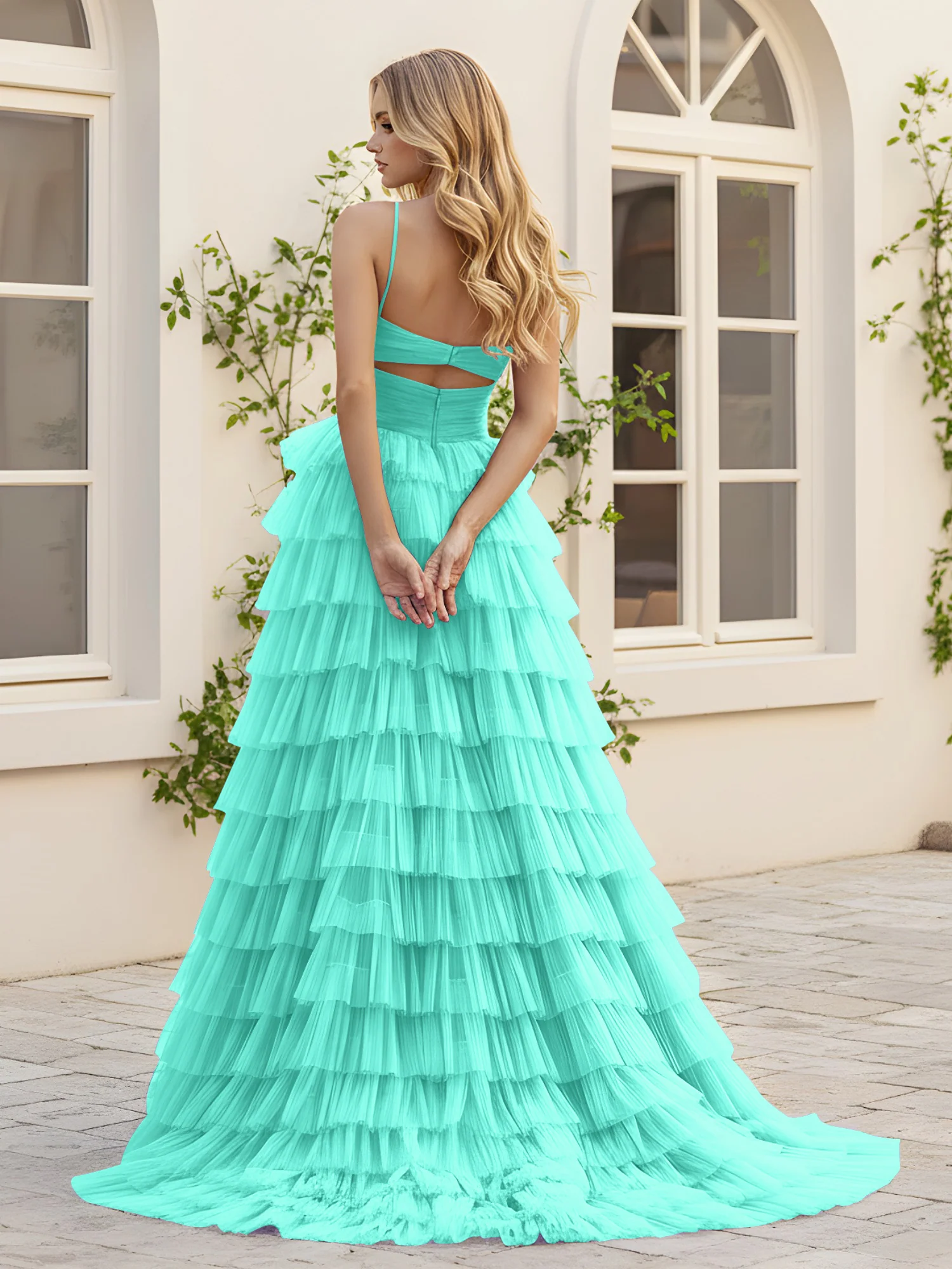Sweetheart Neck Tiered Sweep Train Dress With Slit Spa - Image 2