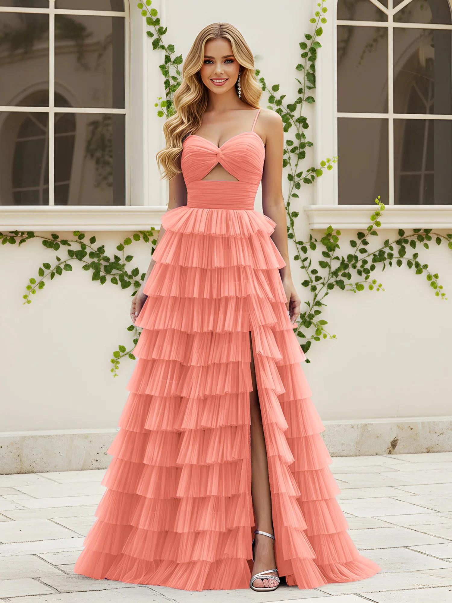 Sweetheart Neck Tiered Sweep Train Dress With Slit Sunset