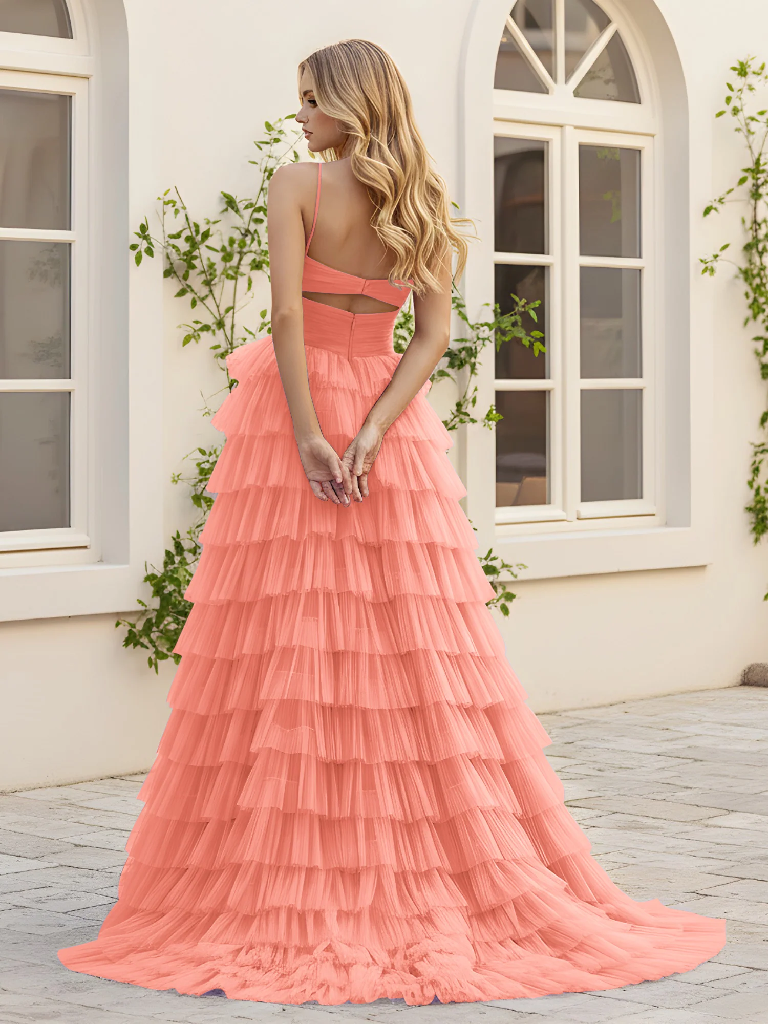 Sweetheart Neck Tiered Sweep Train Dress With Slit Sunset - Image 2