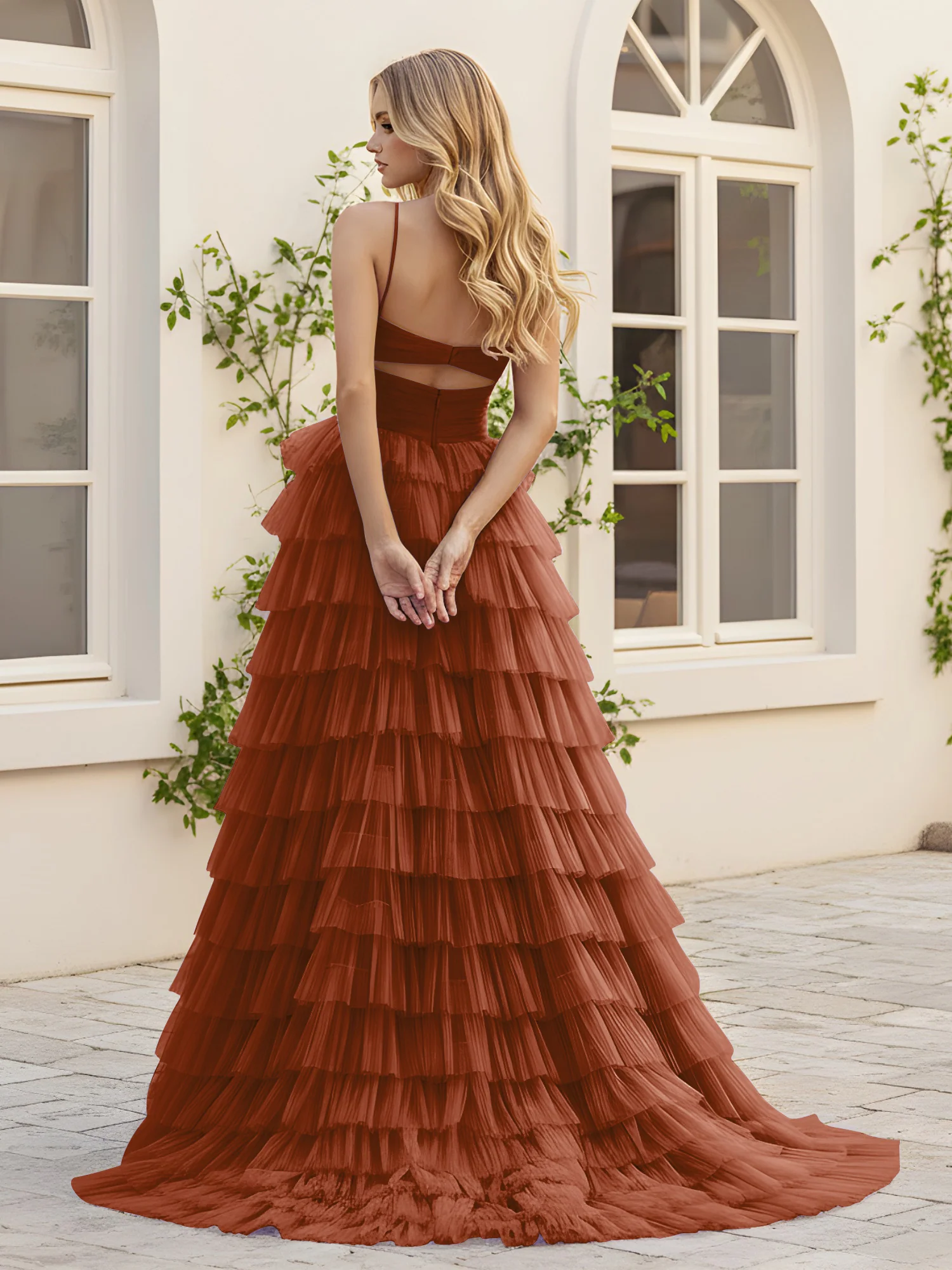 Sweetheart Neck Tiered Sweep Train Dress With Slit Terracotta - Image 2