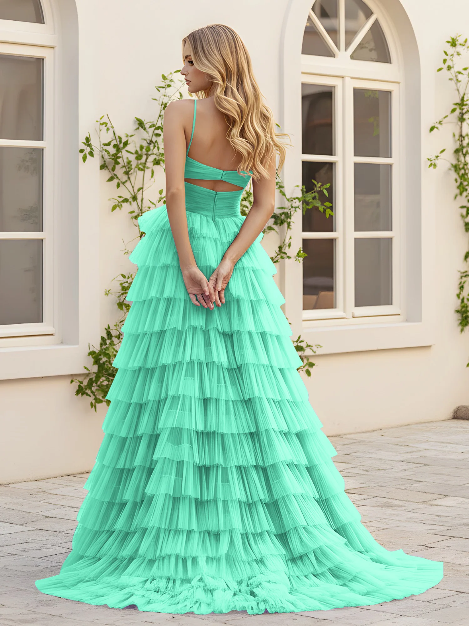 Sweetheart Neck Tiered Sweep Train Dress With Slit Turquoise - Image 2