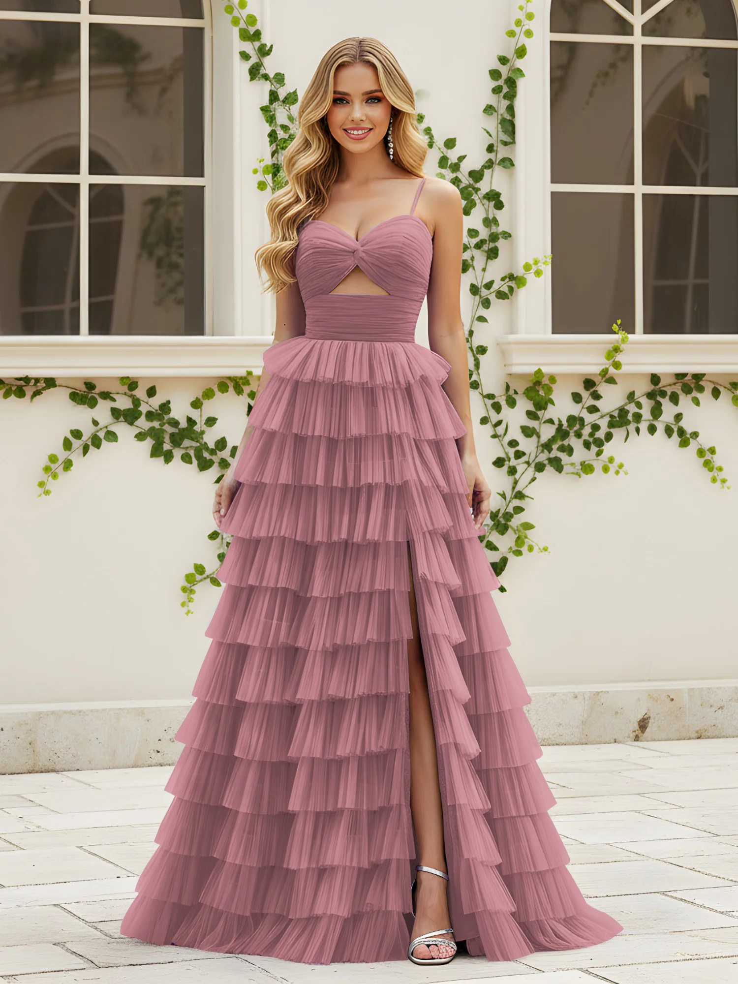 Sweetheart Neck Tiered Sweep Train Dress With Slit Vintage Mauve