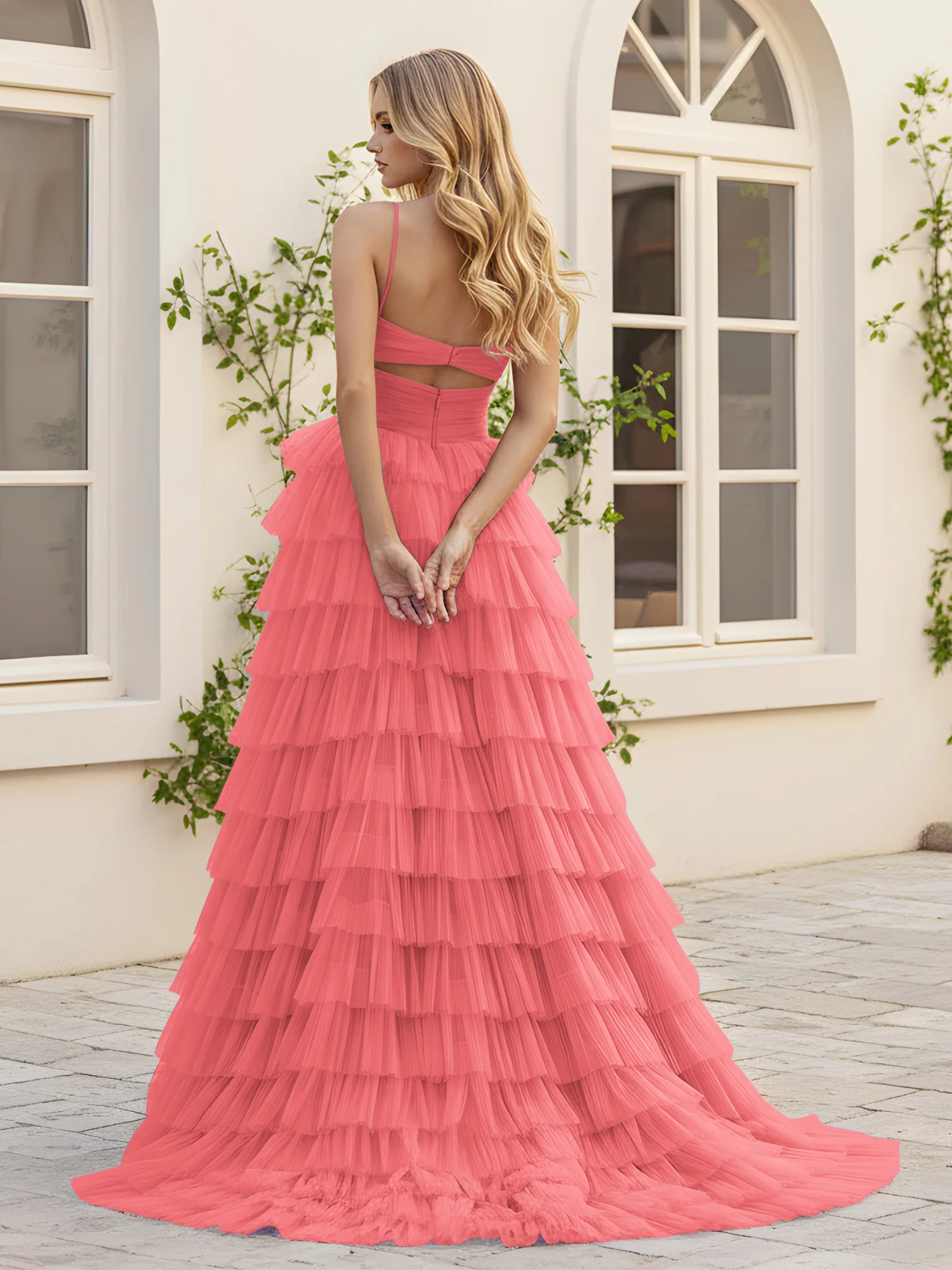 Sweetheart Neck Tiered Sweep Train Dress With Slit Watermelon - Image 2