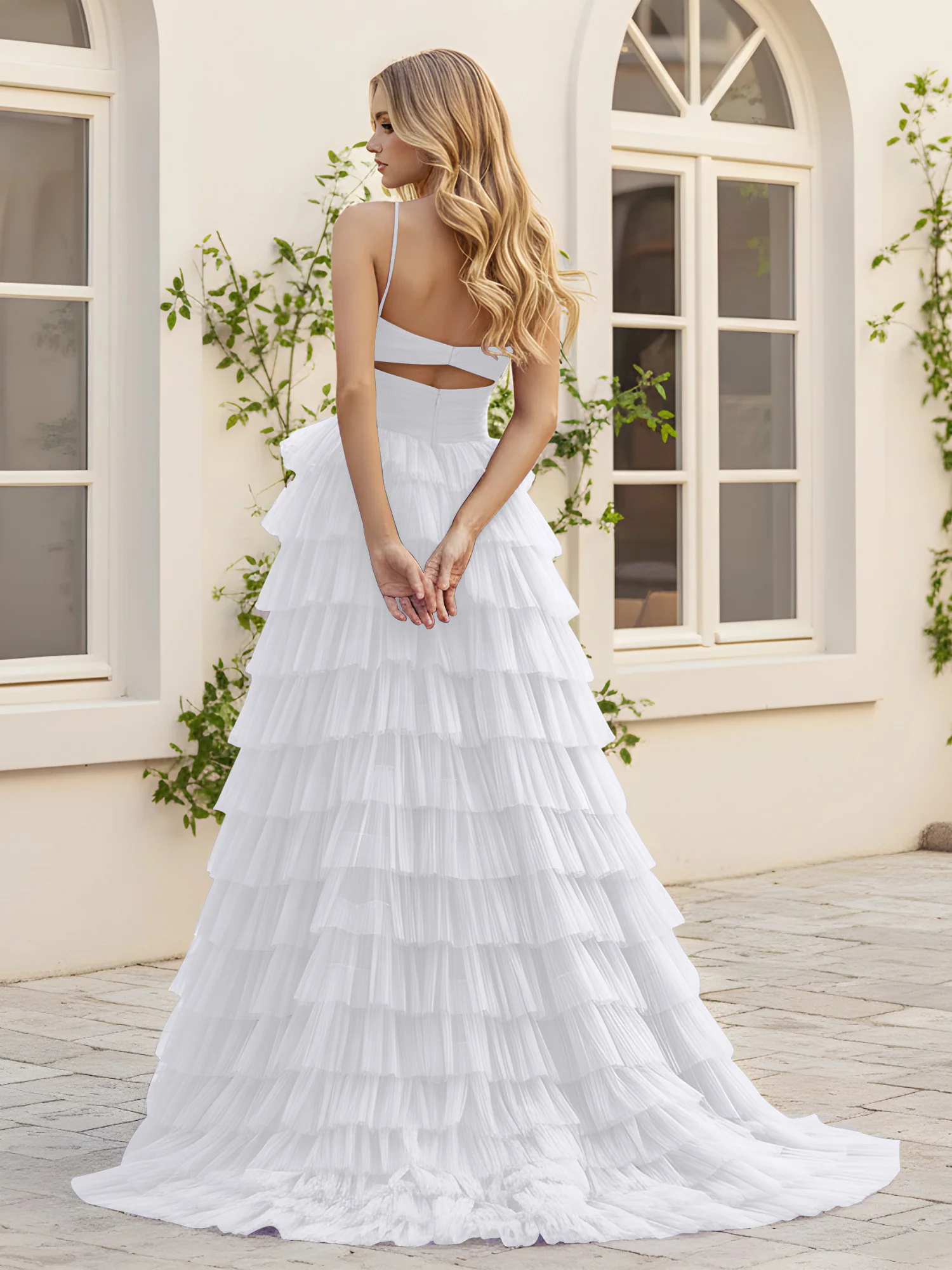 Sweetheart Neck Tiered Sweep Train Dress With Slit White - Image 2