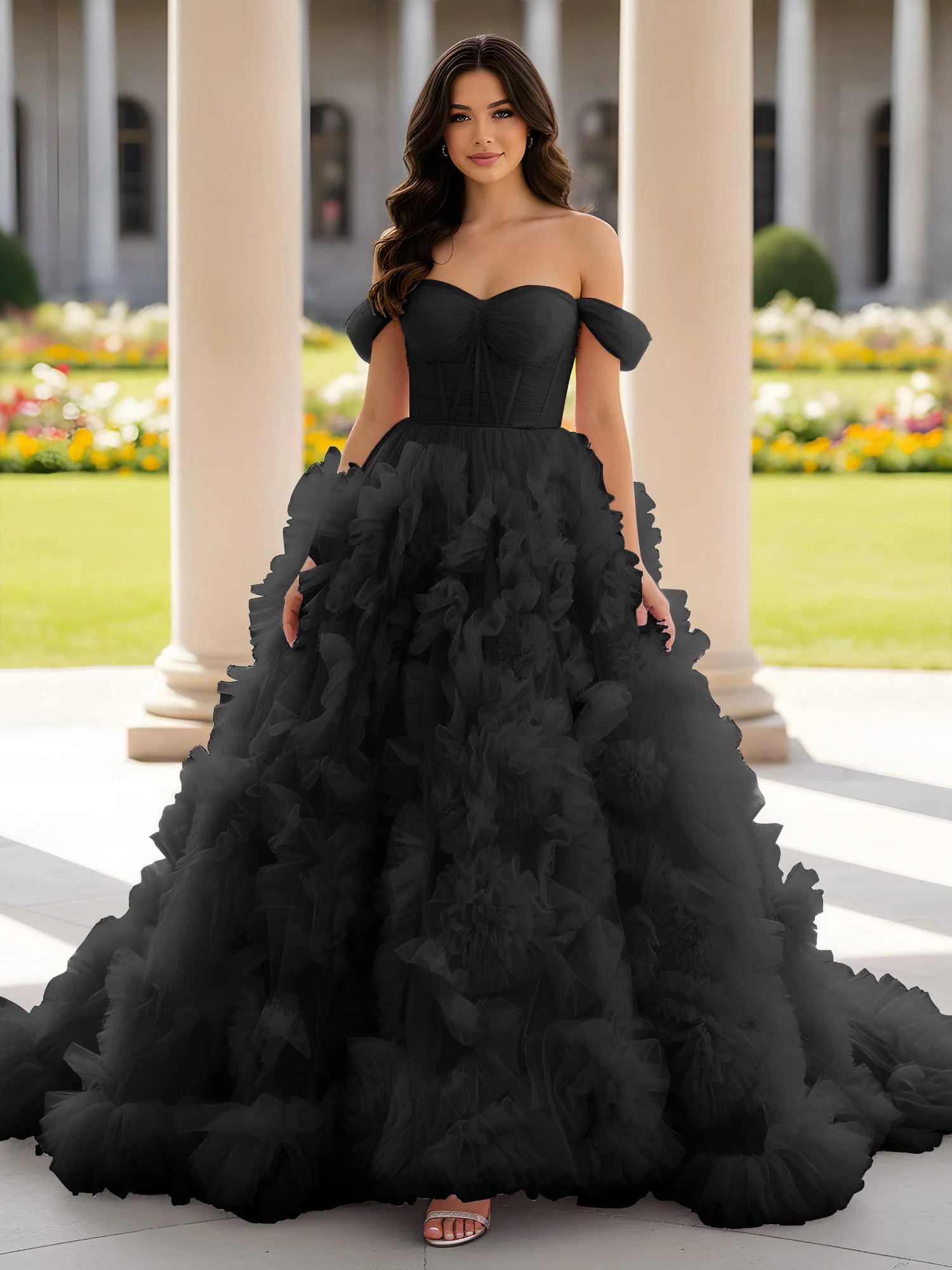 Sweetheart Off-the-shoulder Ruffle Ball Gown Sweep Train Black