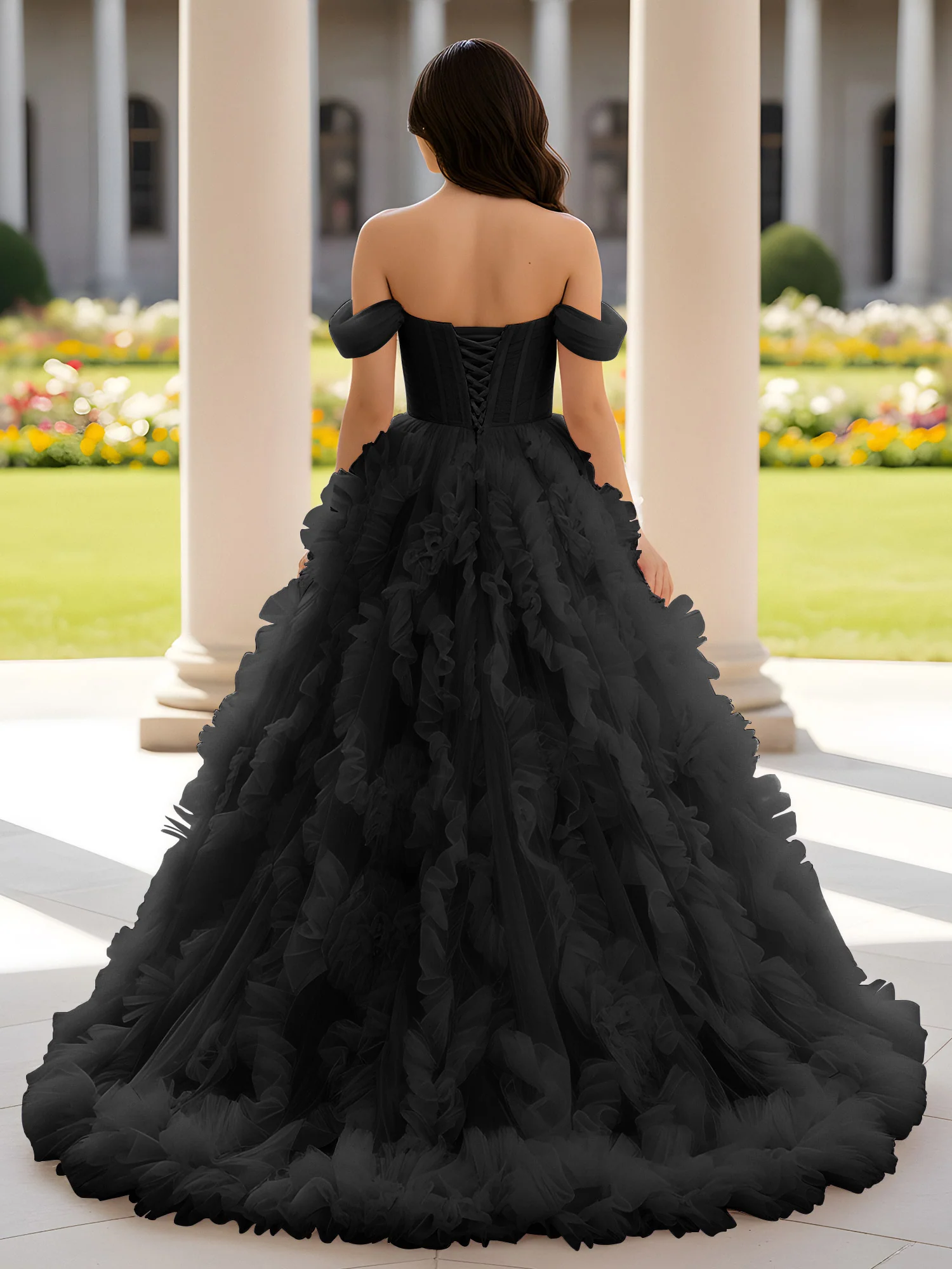 Sweetheart Off-the-shoulder Ruffle Ball Gown Sweep Train Black - Image 2