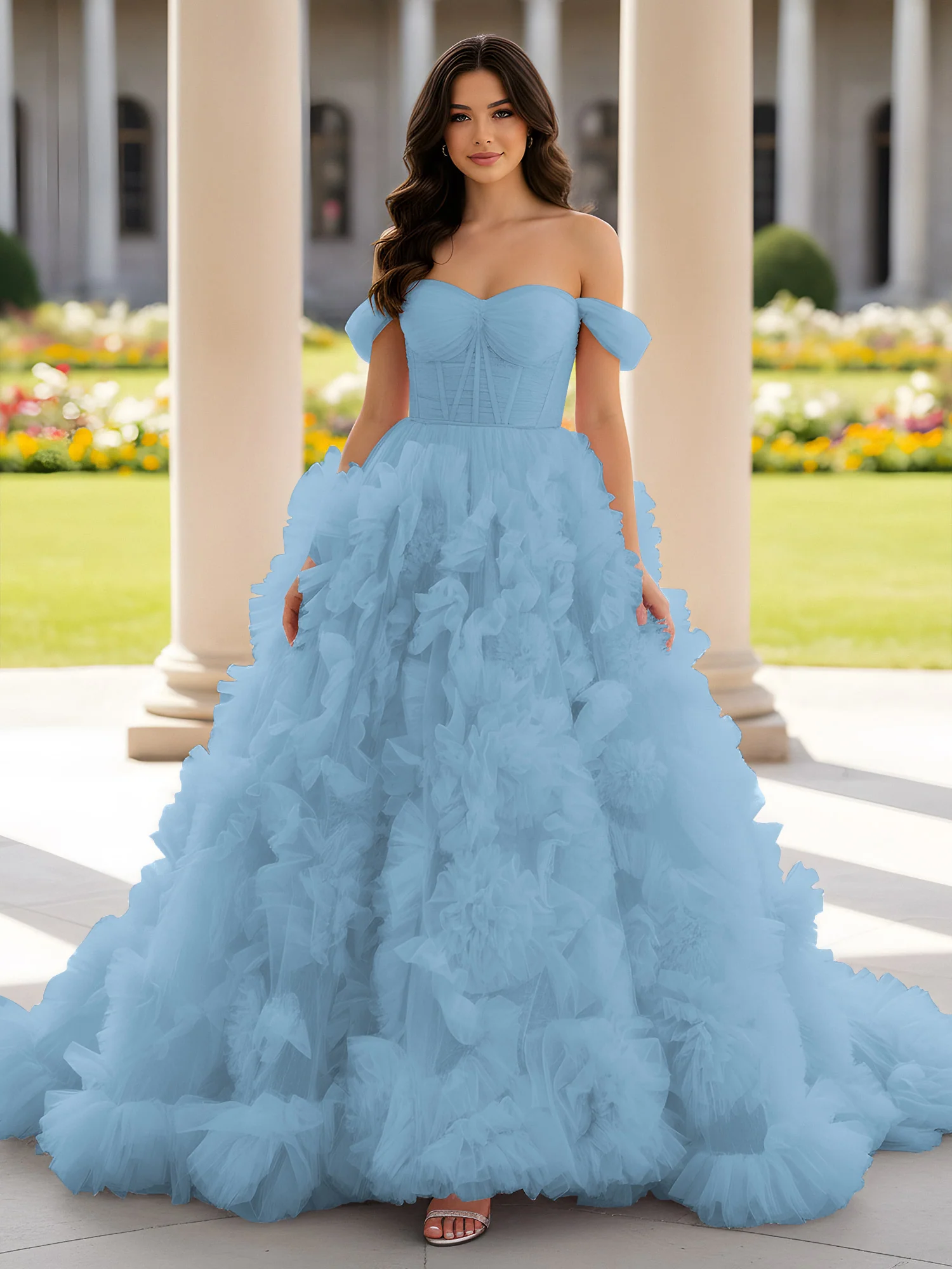 Sweetheart Off-the-shoulder Ruffle Ball Gown Sweep Train Blue