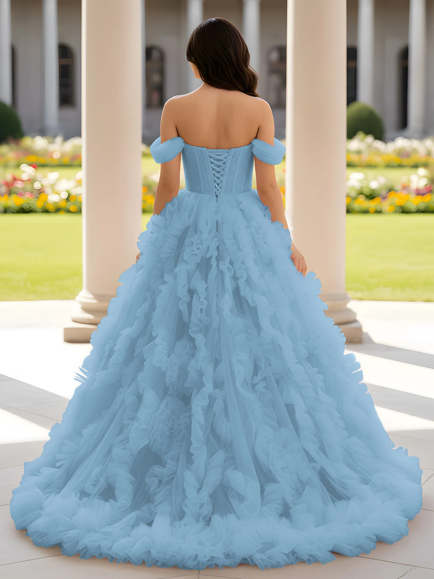 Sweetheart Off-the-shoulder Ruffle Ball Gown Sweep Train Blue - Image 2