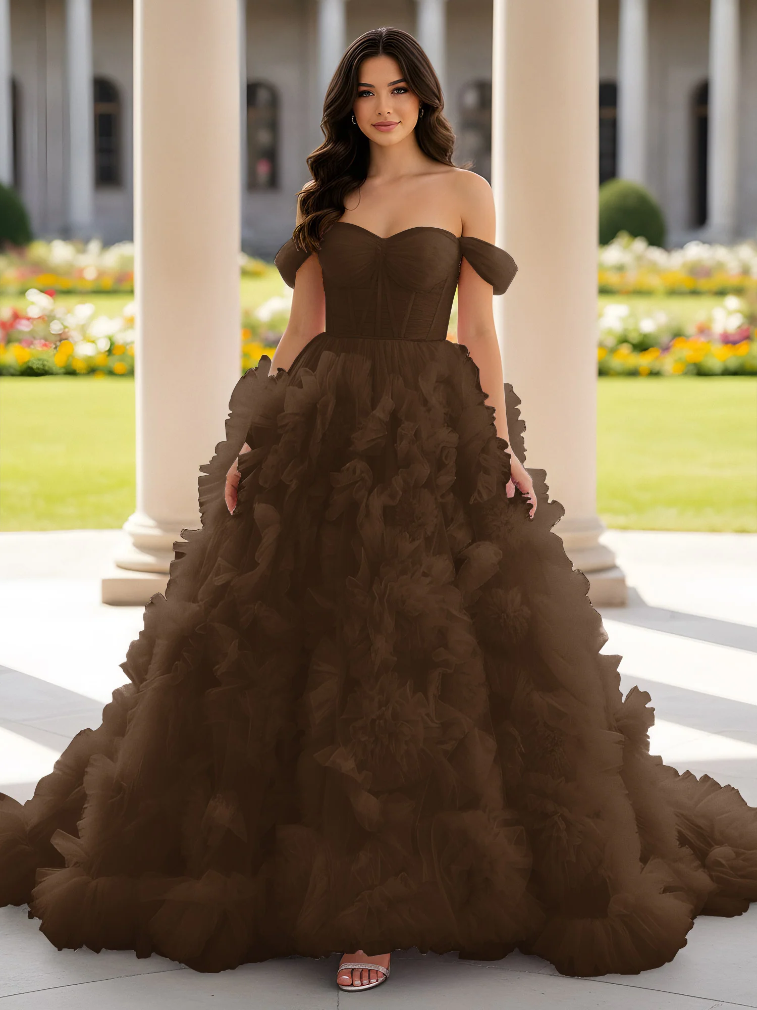 Sweetheart Off-the-shoulder Ruffle Ball Gown Sweep Train Brown