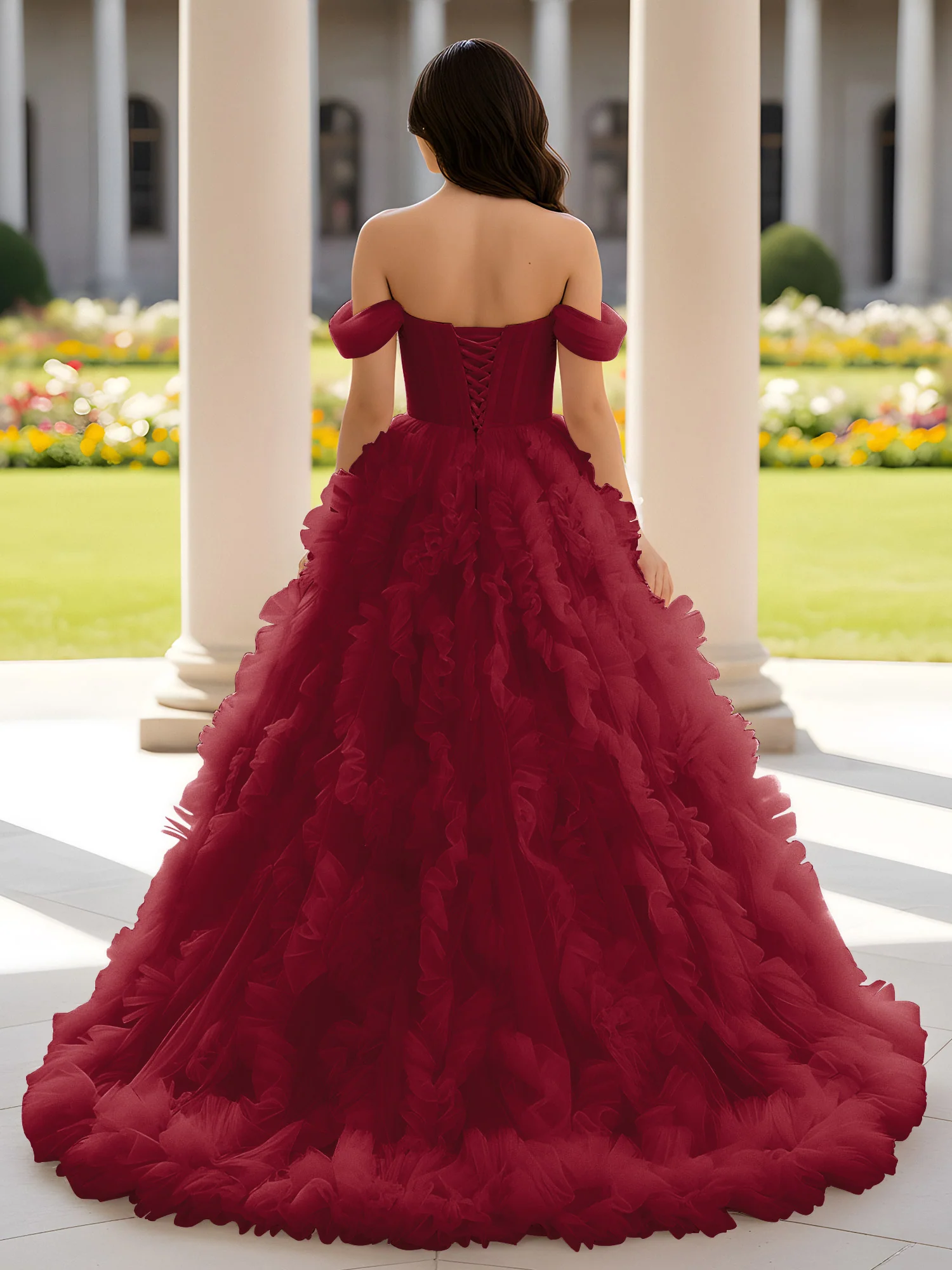 Sweetheart Off-the-shoulder Ruffle Ball Gown Sweep Train Burgundy - Image 2