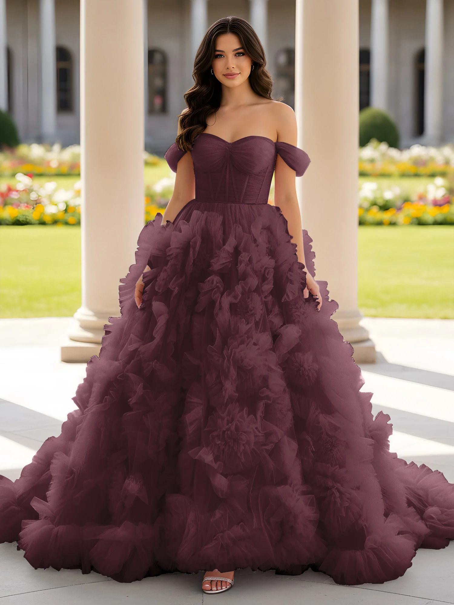 Sweetheart Off-the-shoulder Ruffle Ball Gown Sweep Train Cabernet