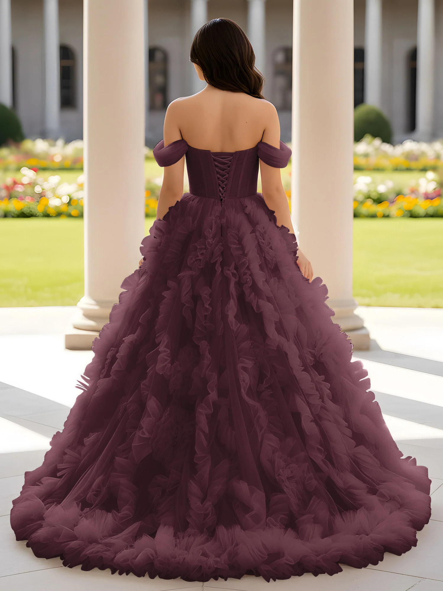 Sweetheart Off-the-shoulder Ruffle Ball Gown Sweep Train Cabernet - Image 2