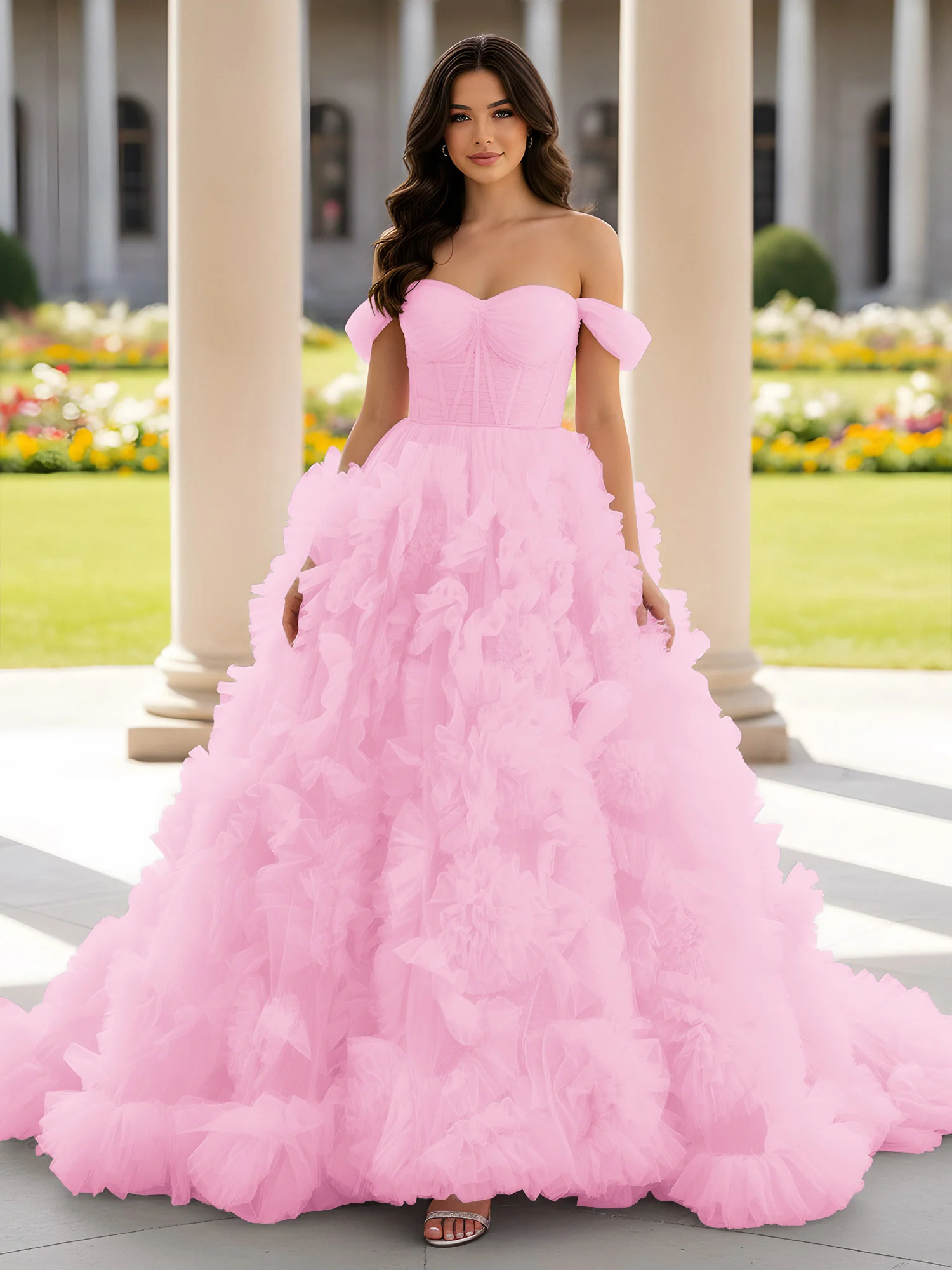 Sweetheart Off-the-shoulder Ruffle Ball Gown Sweep Train Candy Pink
