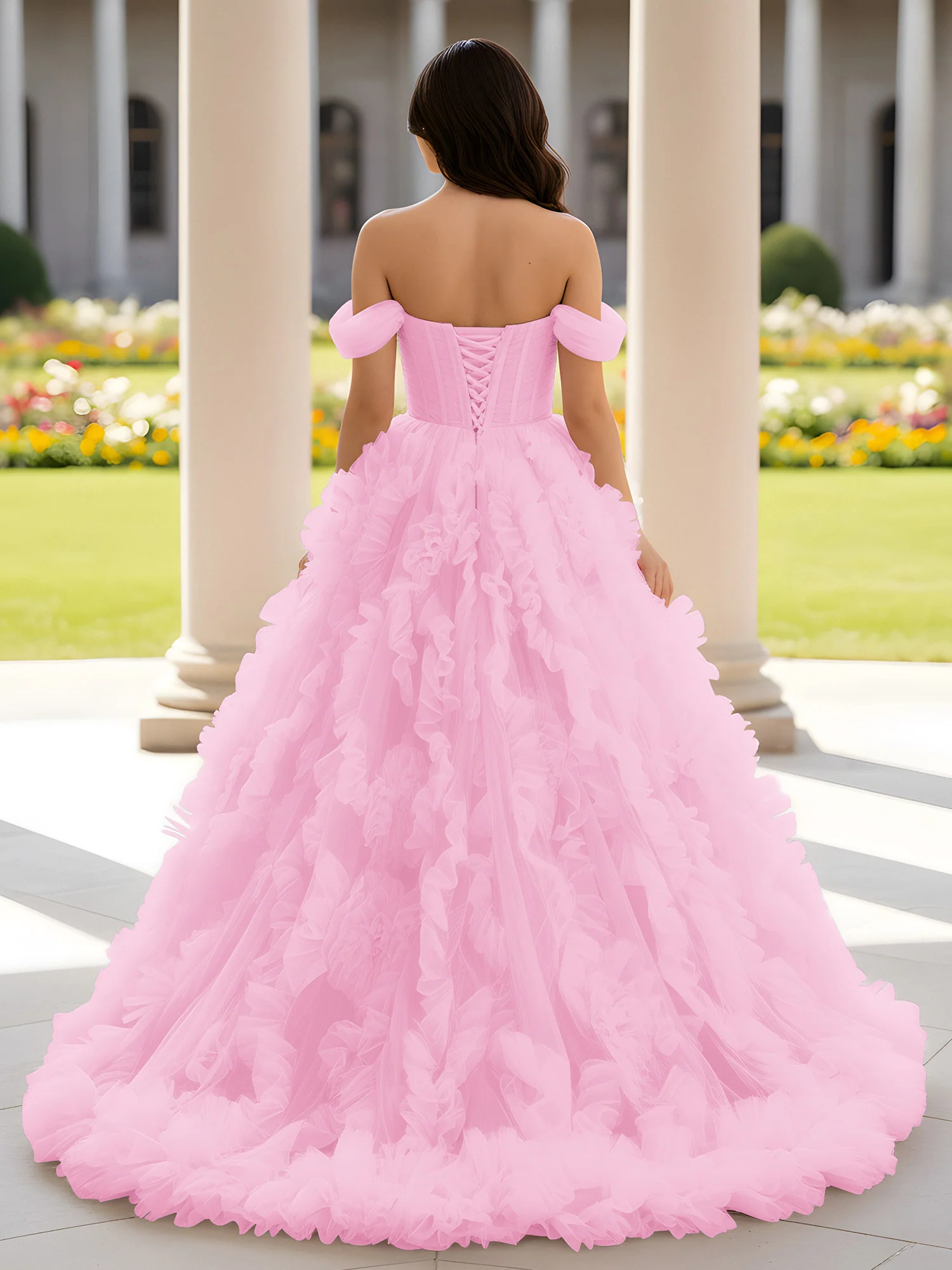Sweetheart Off-the-shoulder Ruffle Ball Gown Sweep Train Candy Pink - Image 2