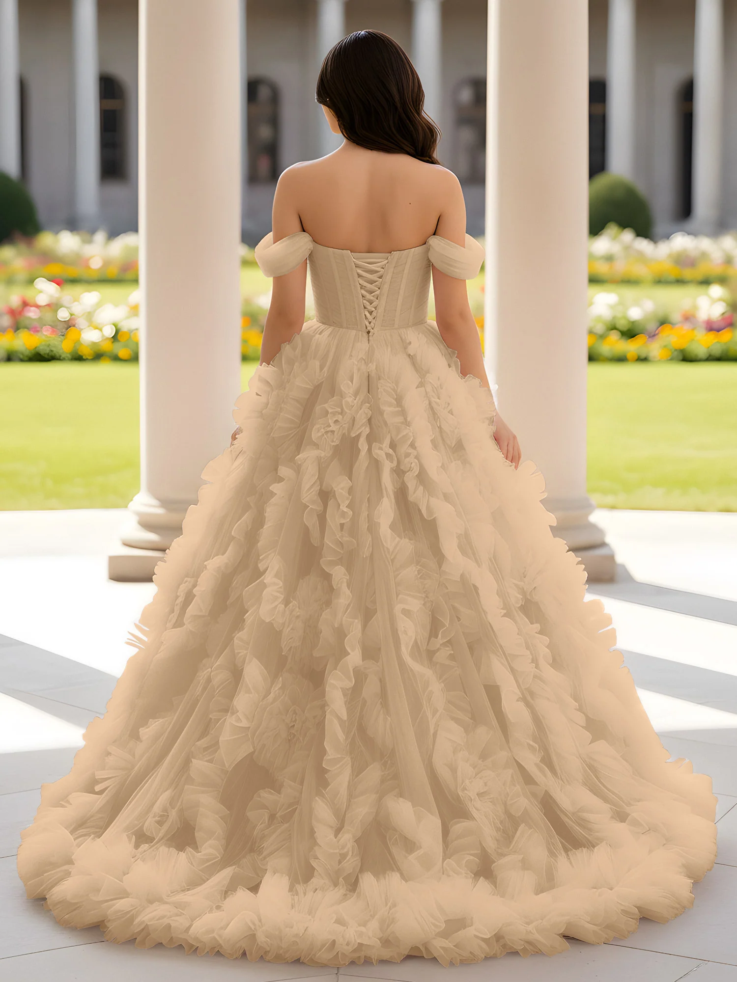 Sweetheart Off-the-shoulder Ruffle Ball Gown Sweep Train Champagne - Image 2