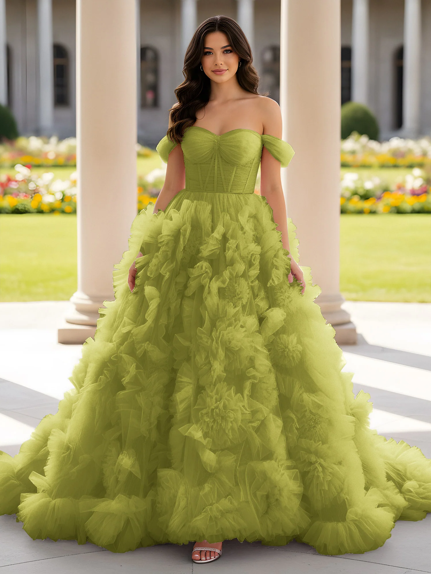 Sweetheart Off-the-shoulder Ruffle Ball Gown Sweep Train Clover