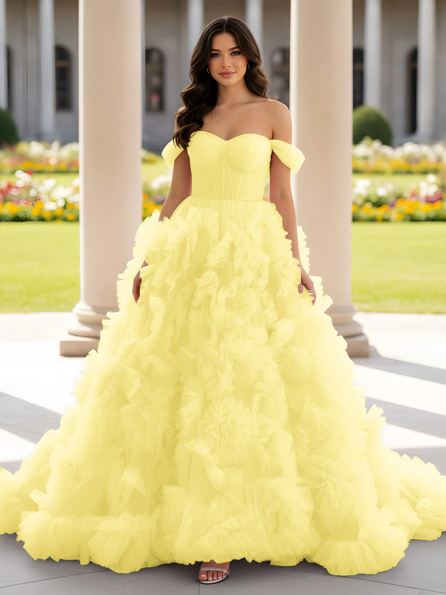 Sweetheart Off-the-shoulder Ruffle Ball Gown Sweep Train Daffodil