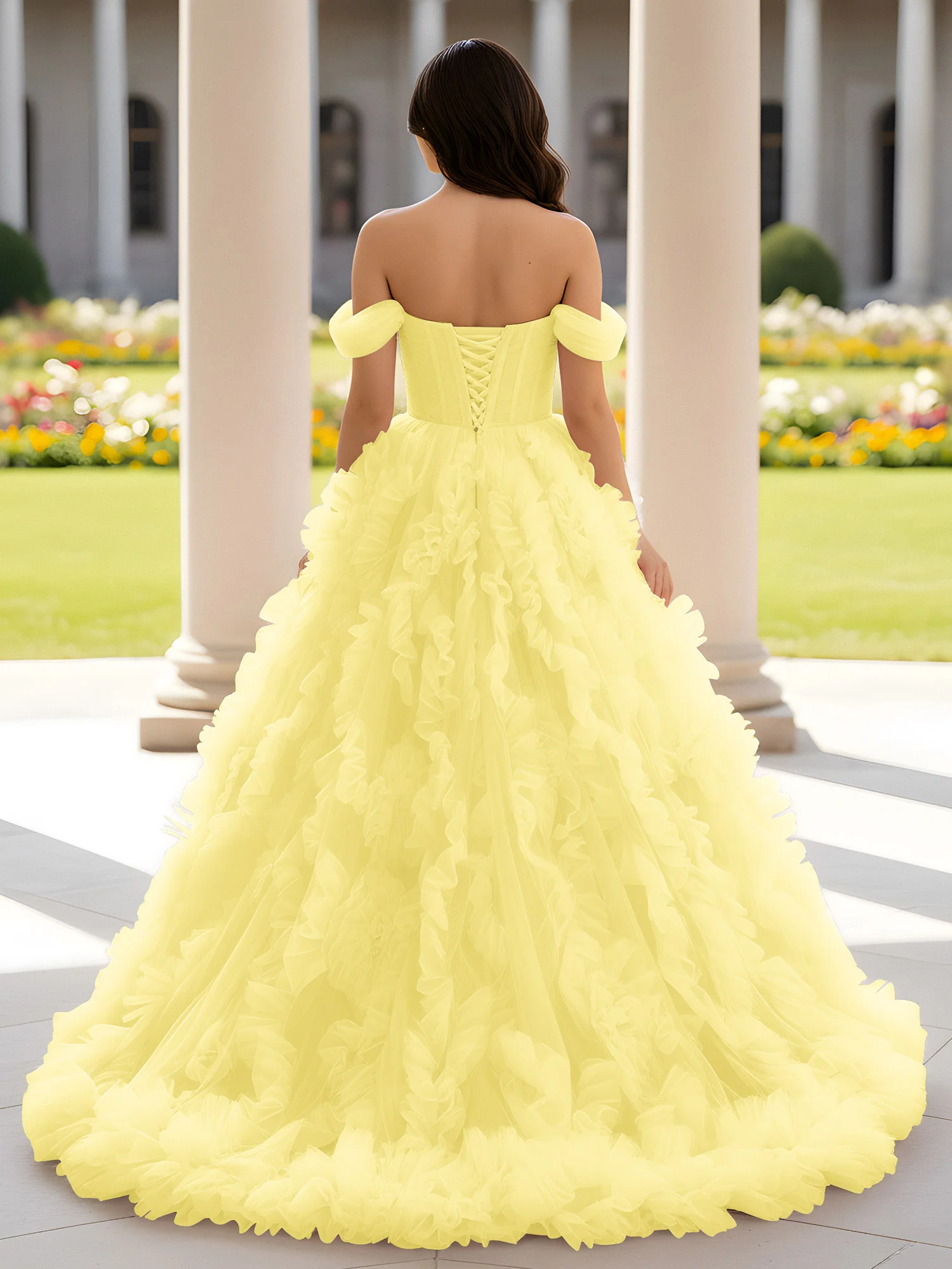 Sweetheart Off-the-shoulder Ruffle Ball Gown Sweep Train Daffodil - Image 2