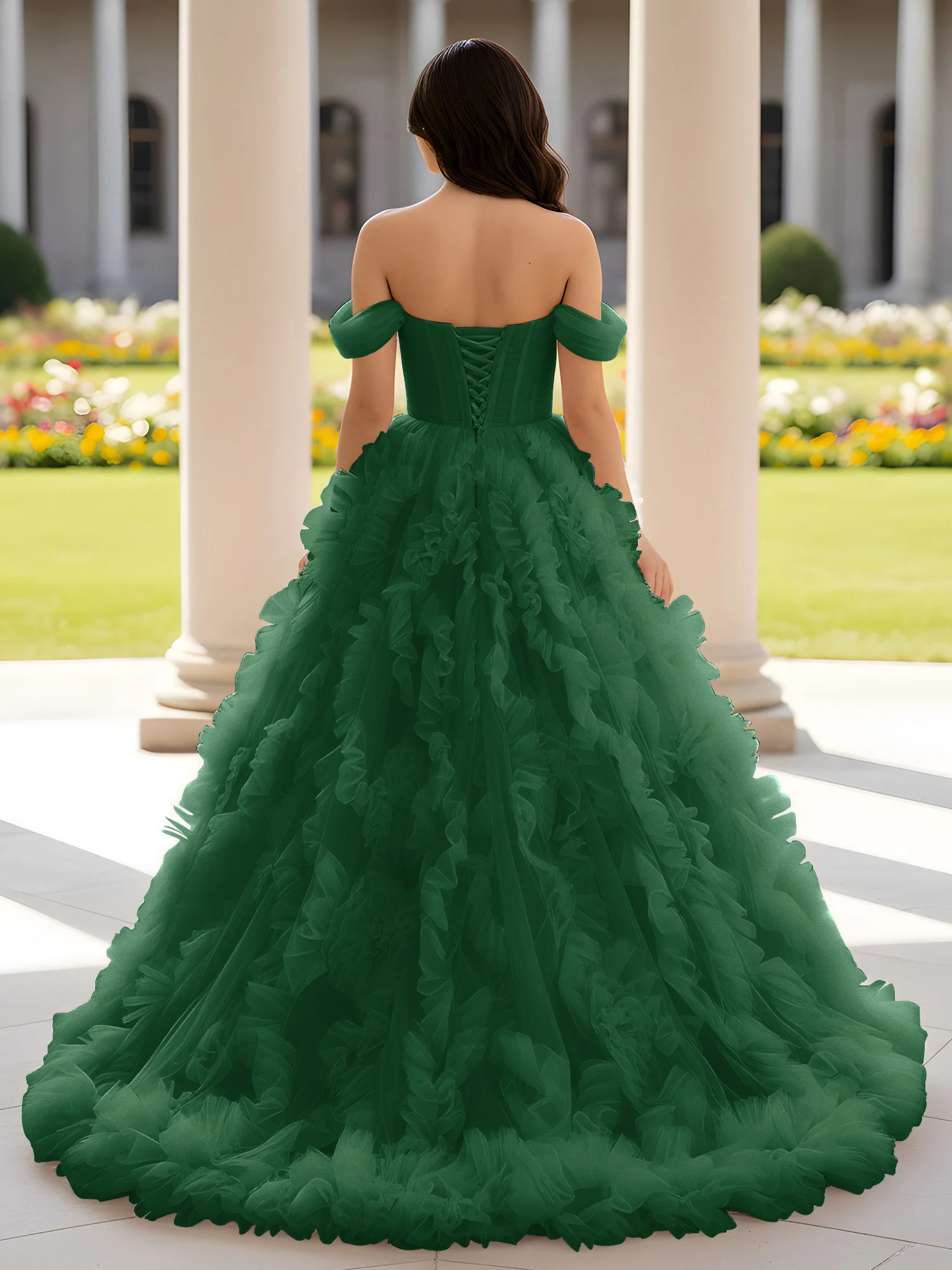 Sweetheart Off-the-shoulder Ruffle Ball Gown Sweep Train Dark Green - Image 2