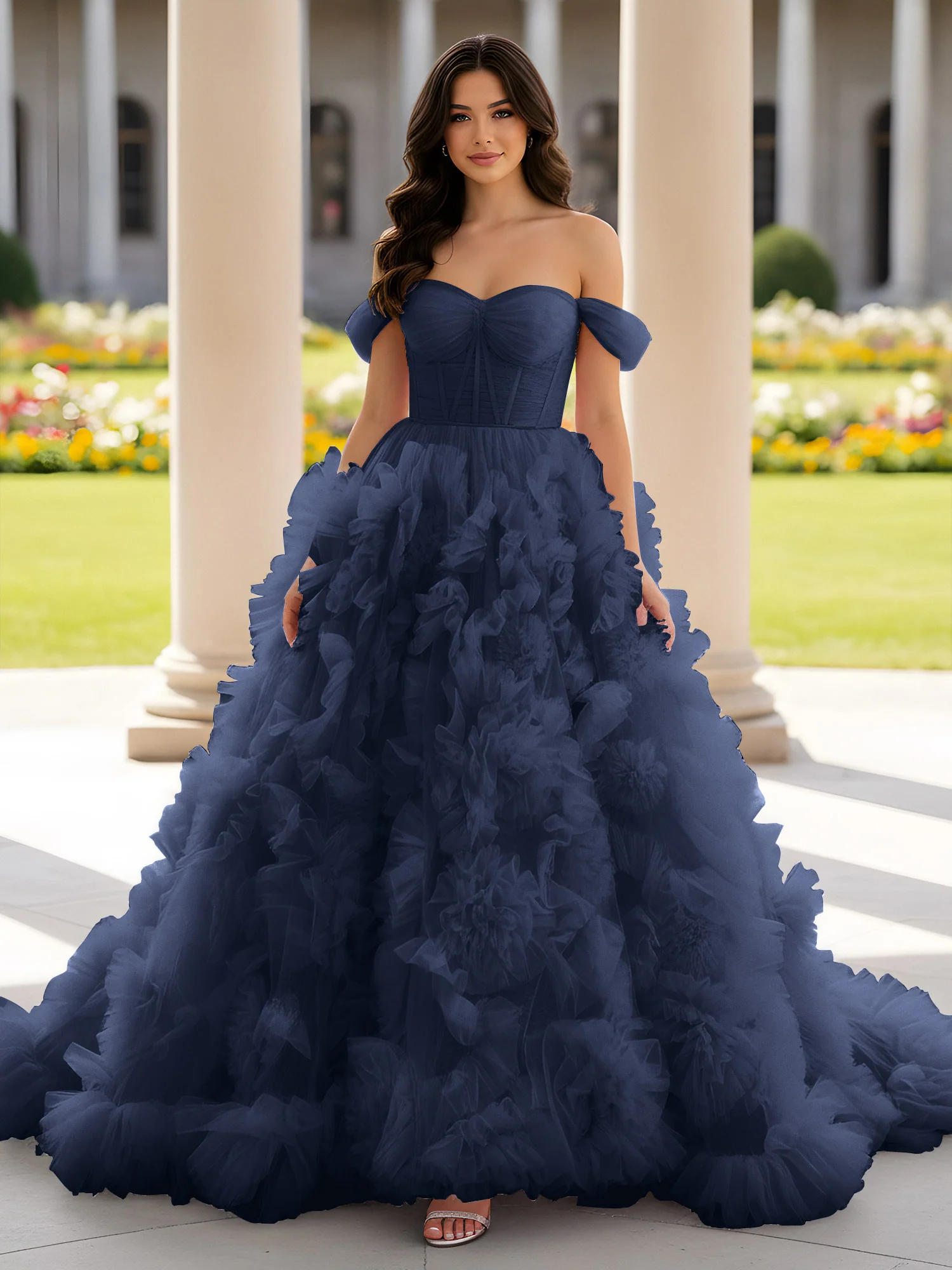 Sweetheart Off-the-shoulder Ruffle Ball Gown Sweep Train Dark Navy
