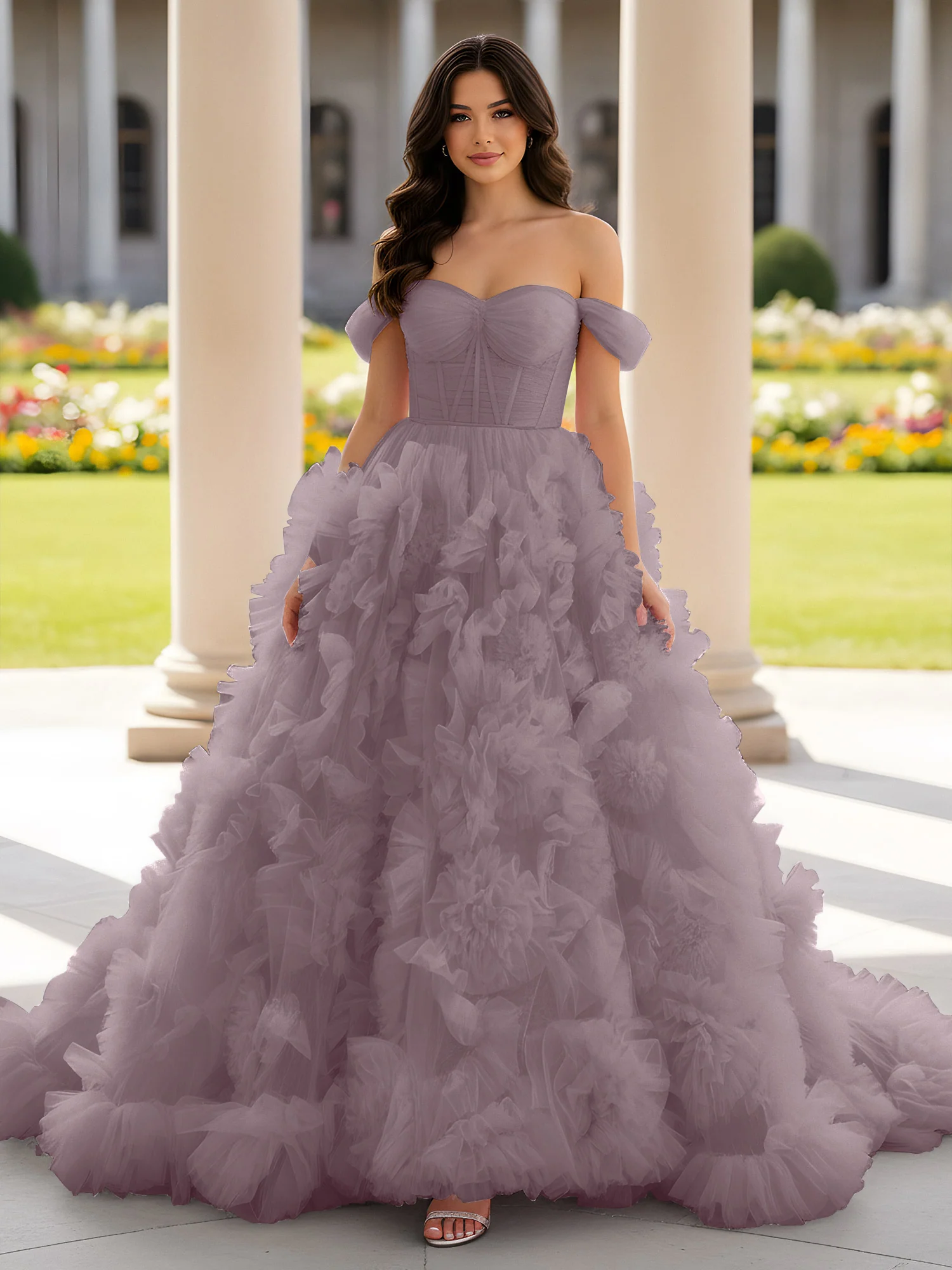 Sweetheart Off-the-shoulder Ruffle Ball Gown Sweep Train Dusk