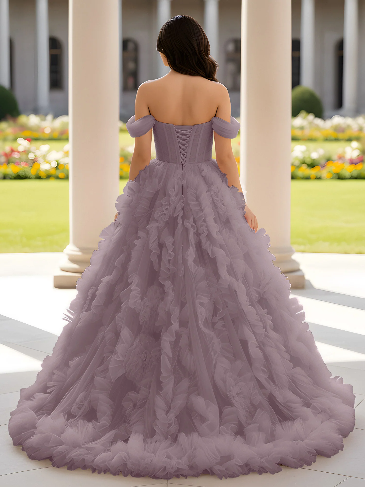 Sweetheart Off-the-shoulder Ruffle Ball Gown Sweep Train Dusk - Image 2